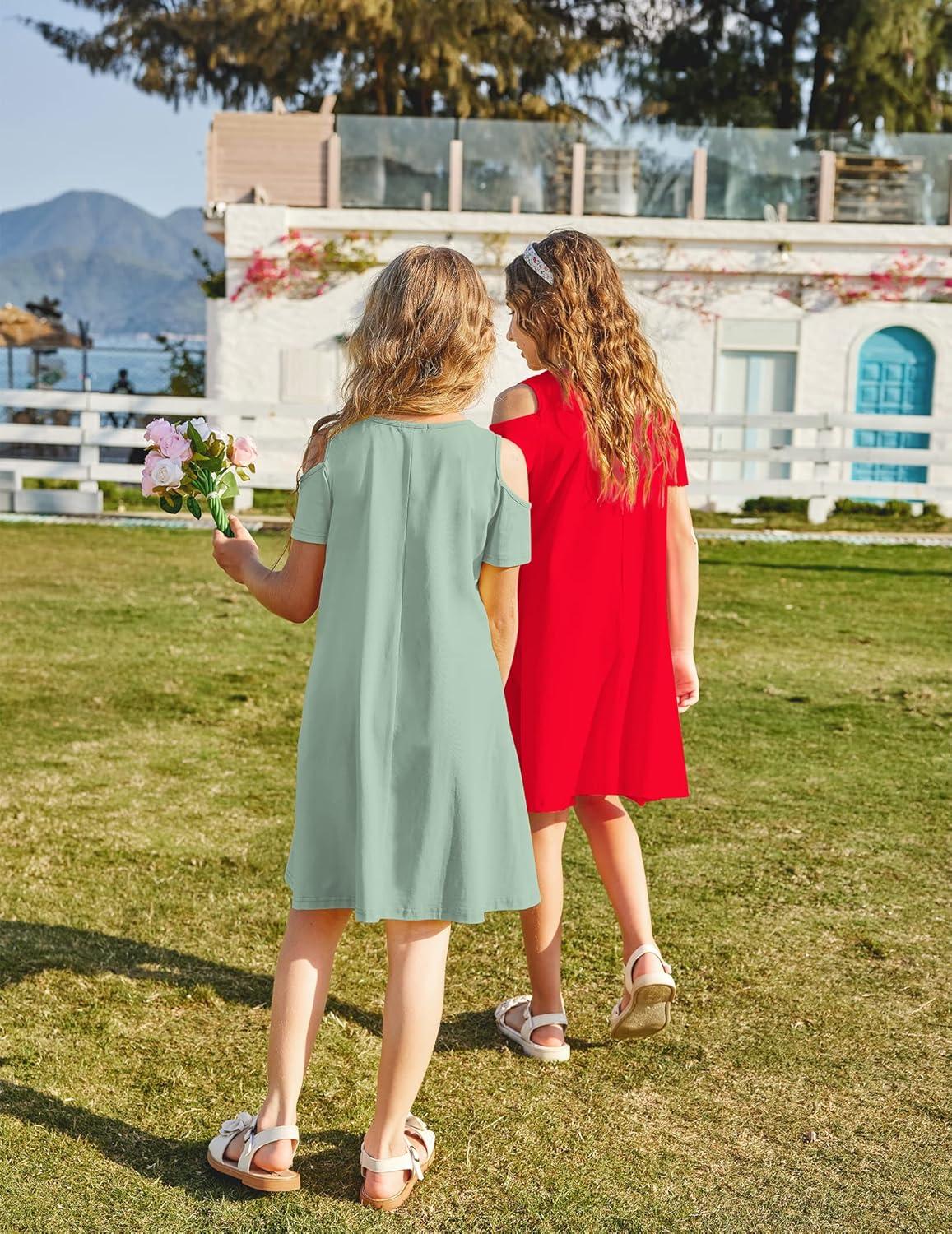 imageArshiner Girls Summer Dress Short Sleeve Cold Shoulder Solid Color Swing Casual Dresses with PocketsMint Green