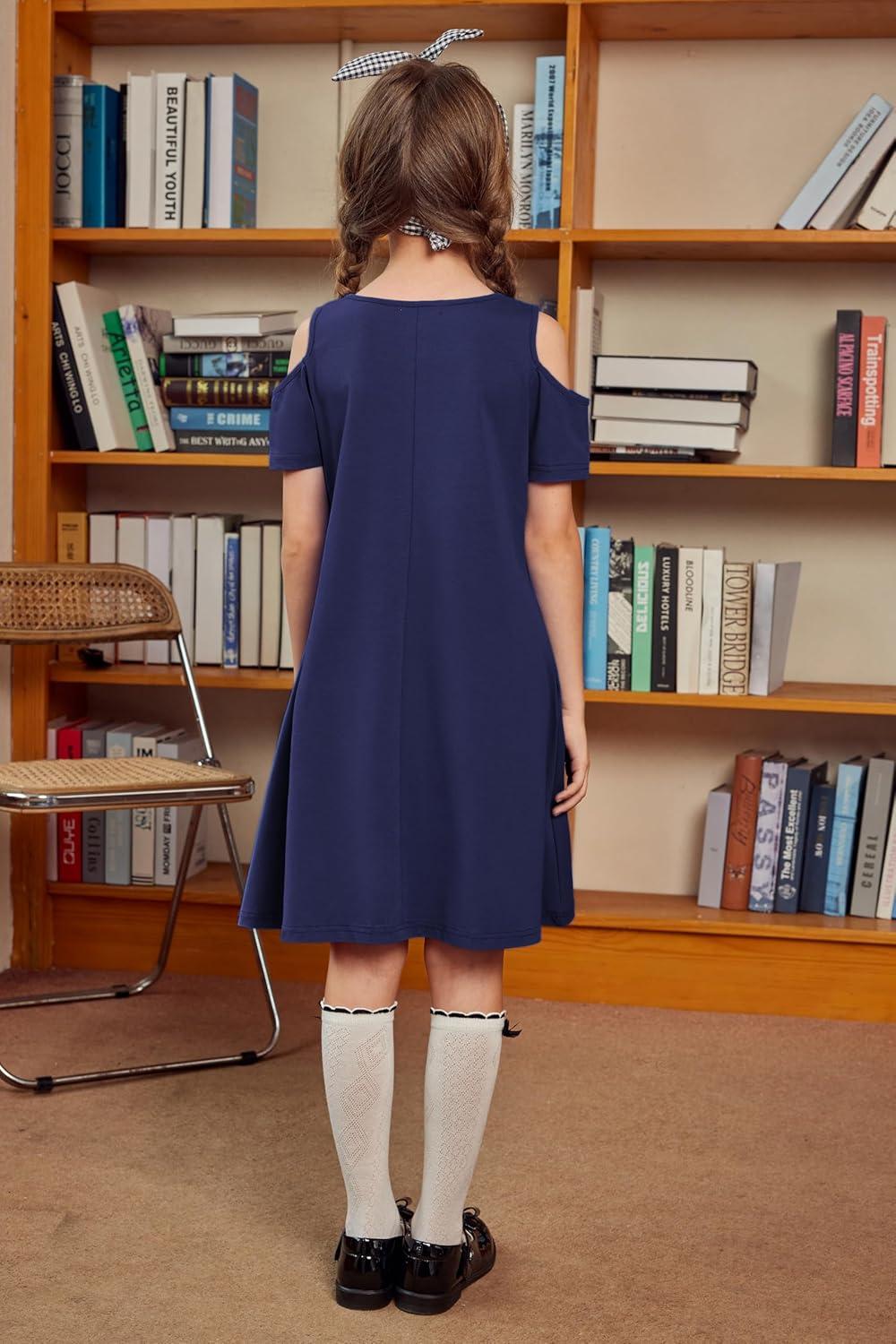 imageArshiner Girls Summer Dress Short Sleeve Cold Shoulder Solid Color Swing Casual Dresses with PocketsNavy Blue