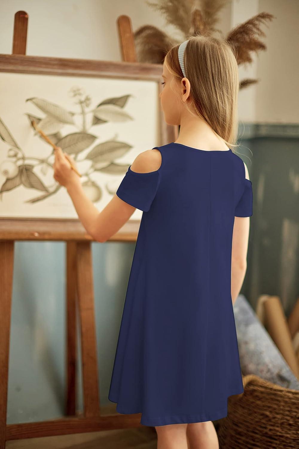 imageArshiner Girls Summer Dress Short Sleeve Cold Shoulder Solid Color Swing Casual Dresses with PocketsNavy Blue