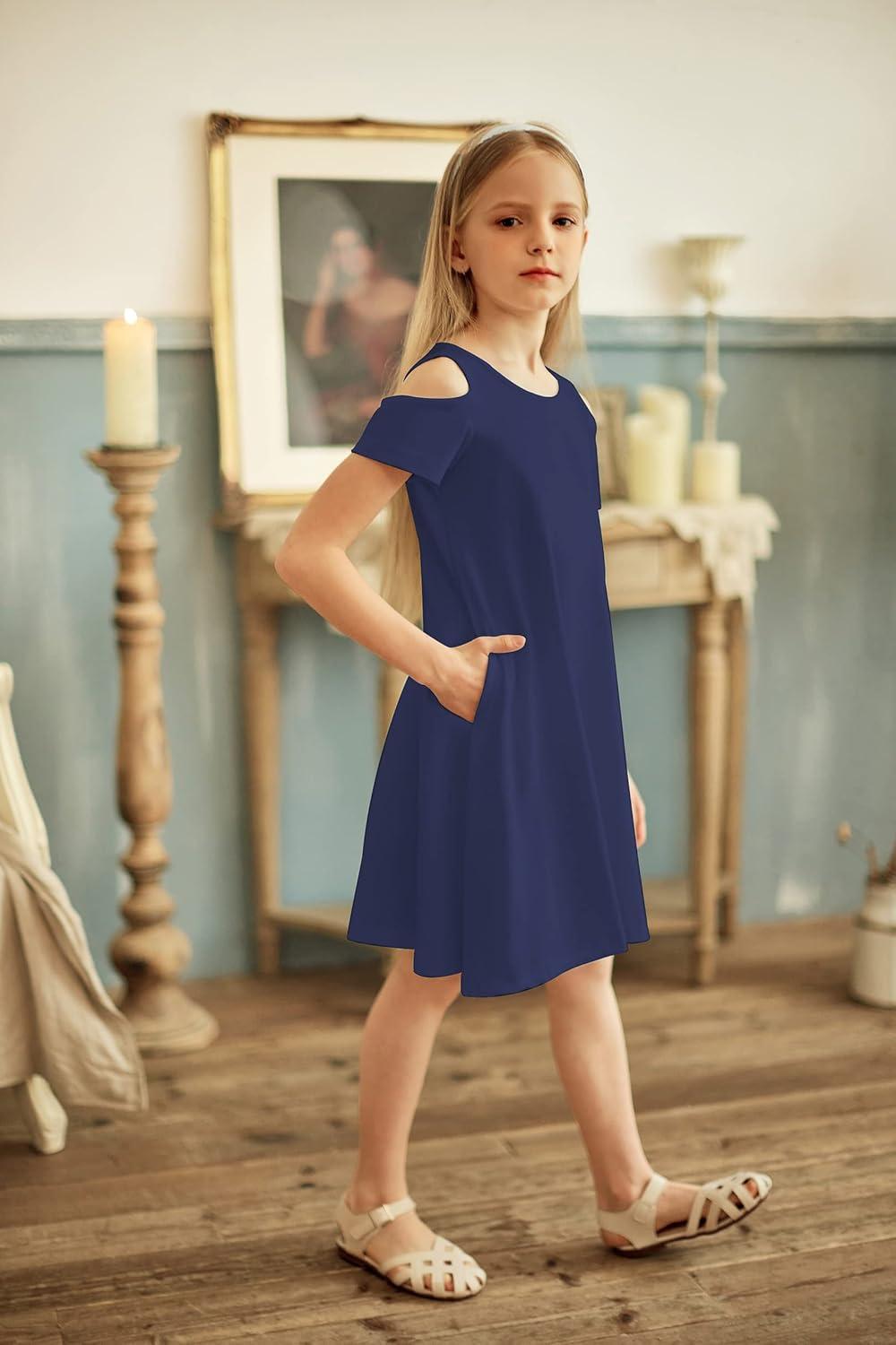 imageArshiner Girls Summer Dress Short Sleeve Cold Shoulder Solid Color Swing Casual Dresses with PocketsNavy Blue