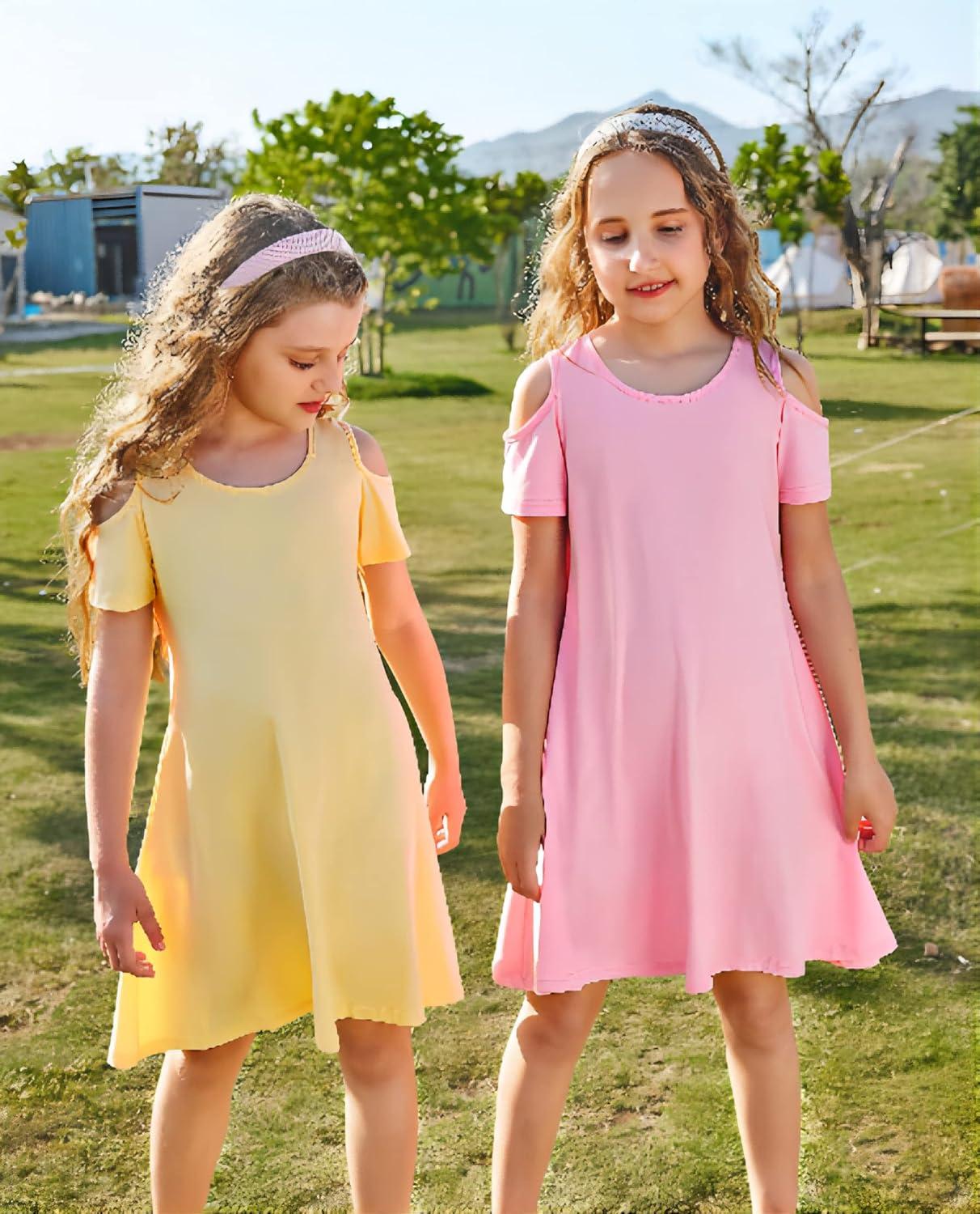imageArshiner Girls Summer Dress Short Sleeve Cold Shoulder Solid Color Swing Casual Dresses with PocketsPink