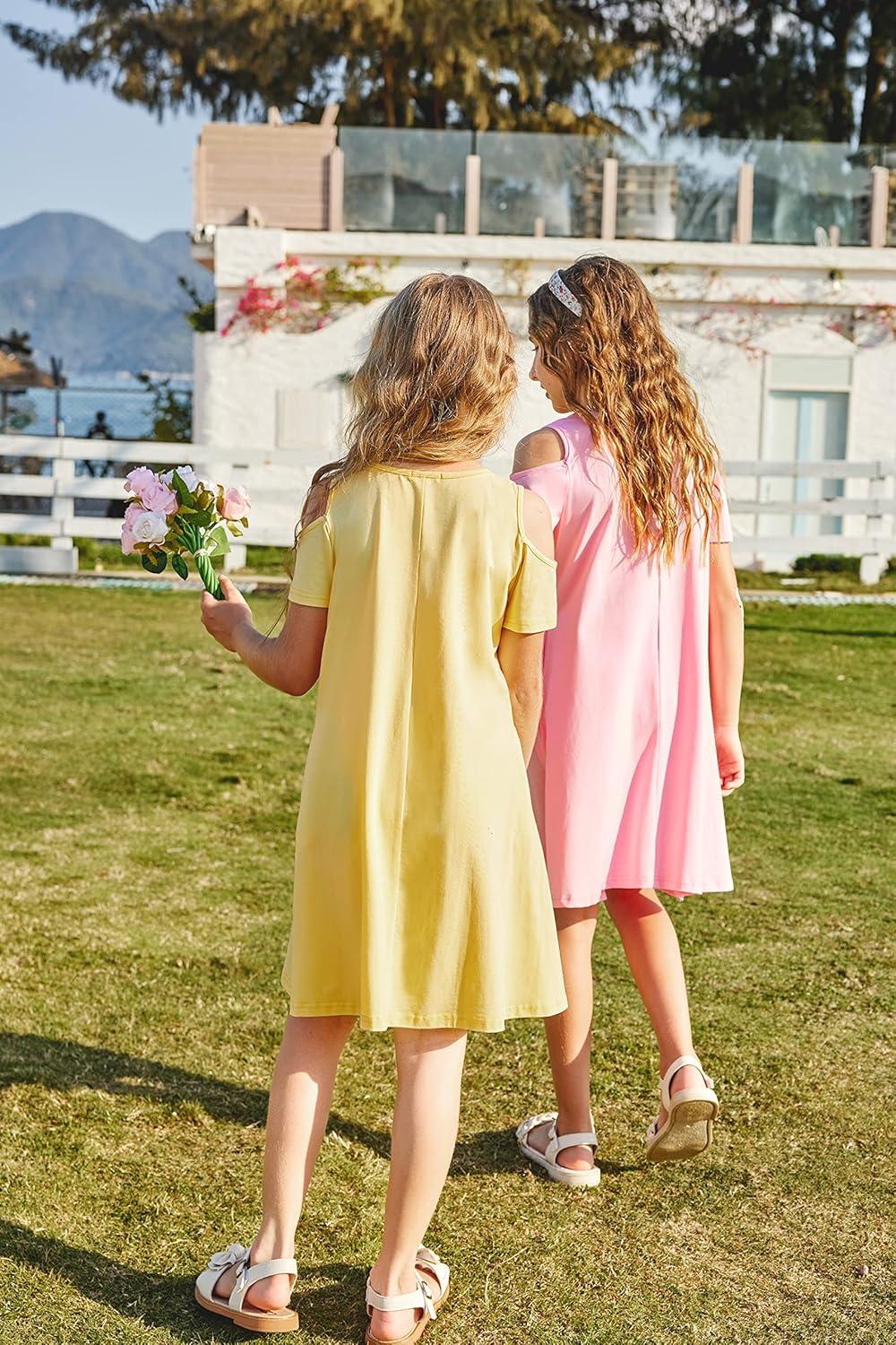 imageArshiner Girls Summer Dress Short Sleeve Cold Shoulder Solid Color Swing Casual Dresses with PocketsPink