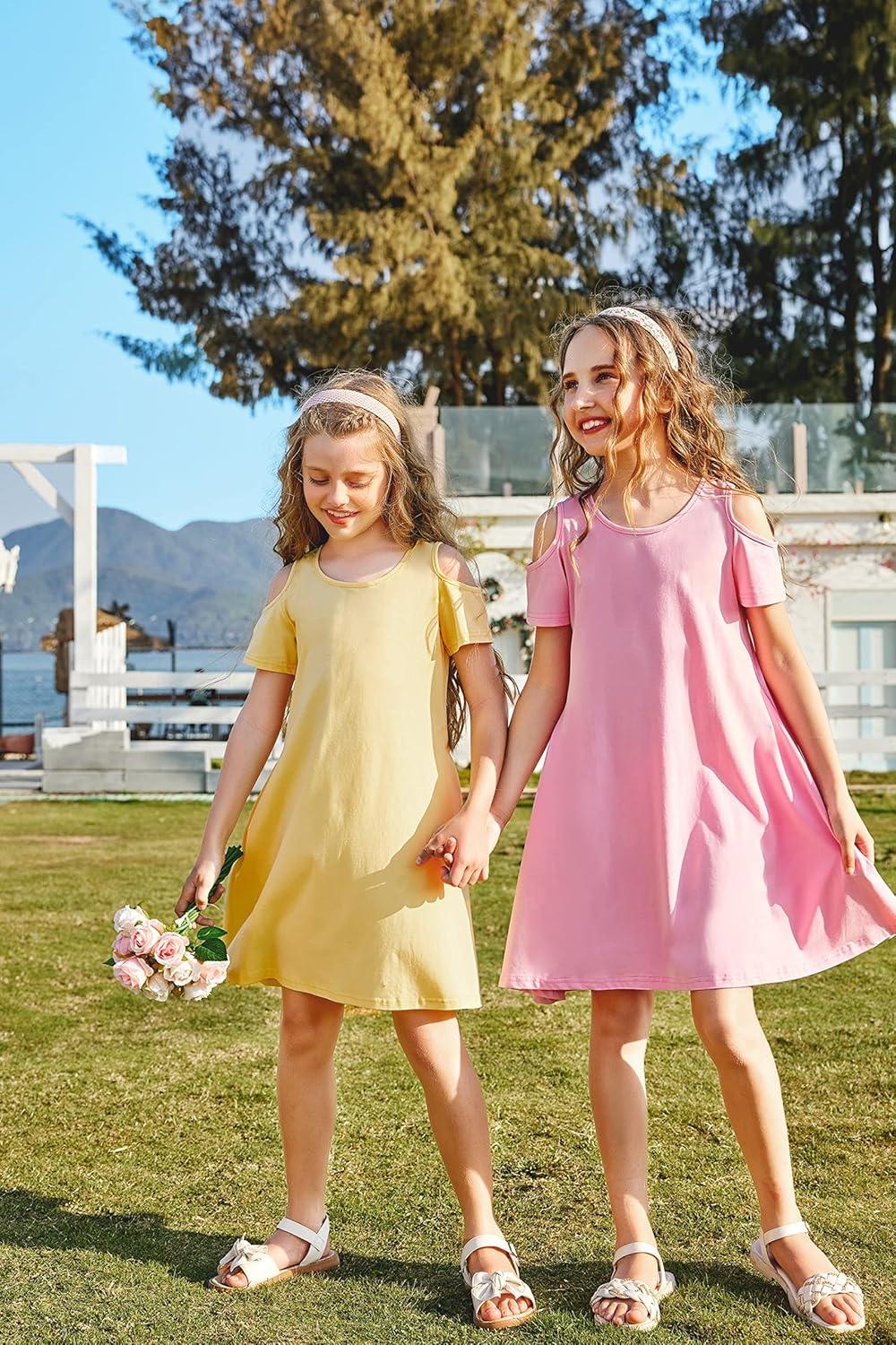 imageArshiner Girls Summer Dress Short Sleeve Cold Shoulder Solid Color Swing Casual Dresses with PocketsPink