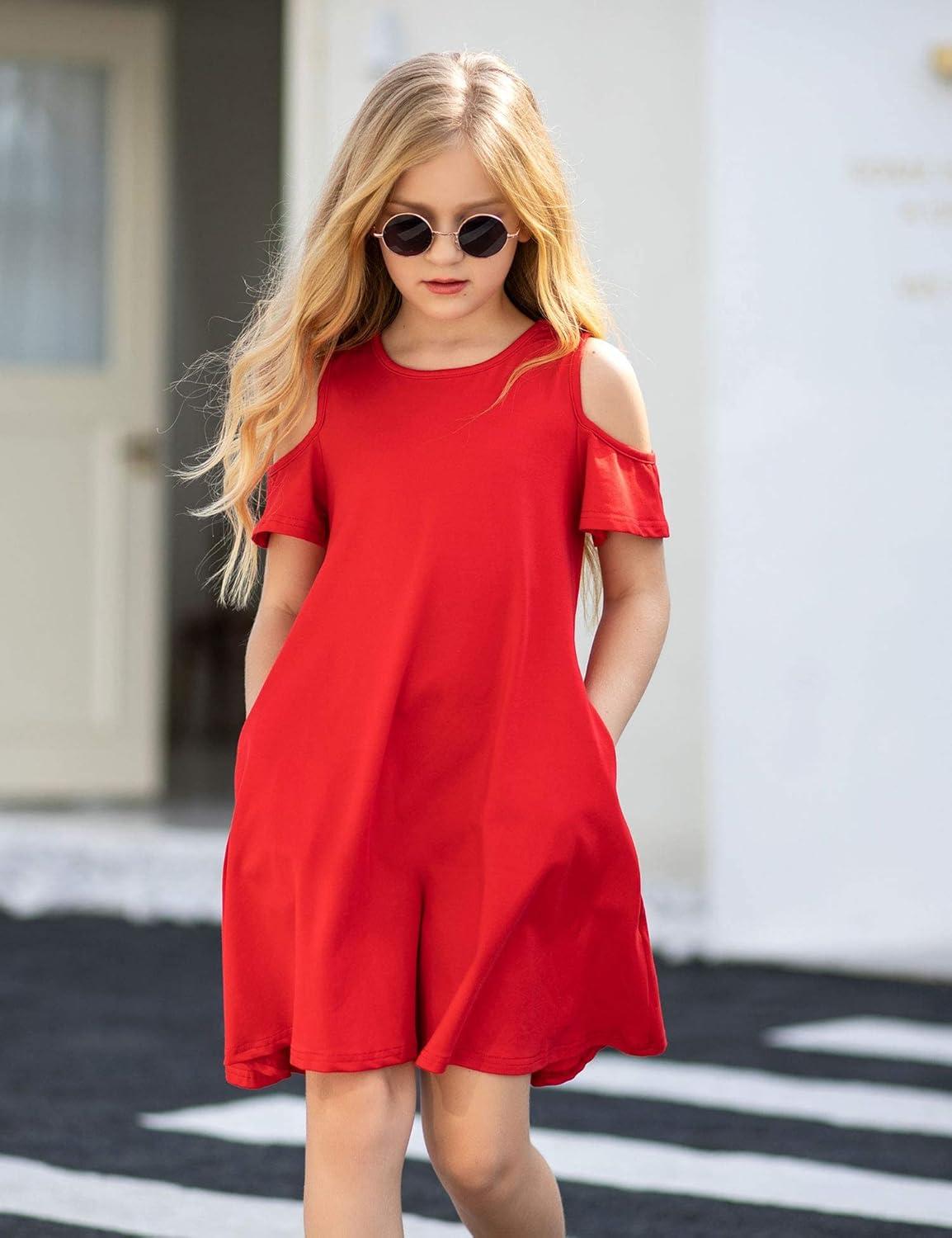 imageArshiner Girls Summer Dress Short Sleeve Cold Shoulder Solid Color Swing Casual Dresses with PocketsRed