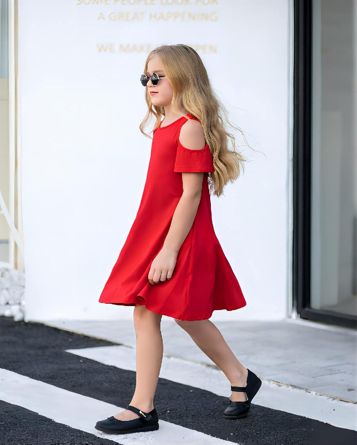 imageArshiner Girls Summer Dress Short Sleeve Cold Shoulder Solid Color Swing Casual Dresses with PocketsRed