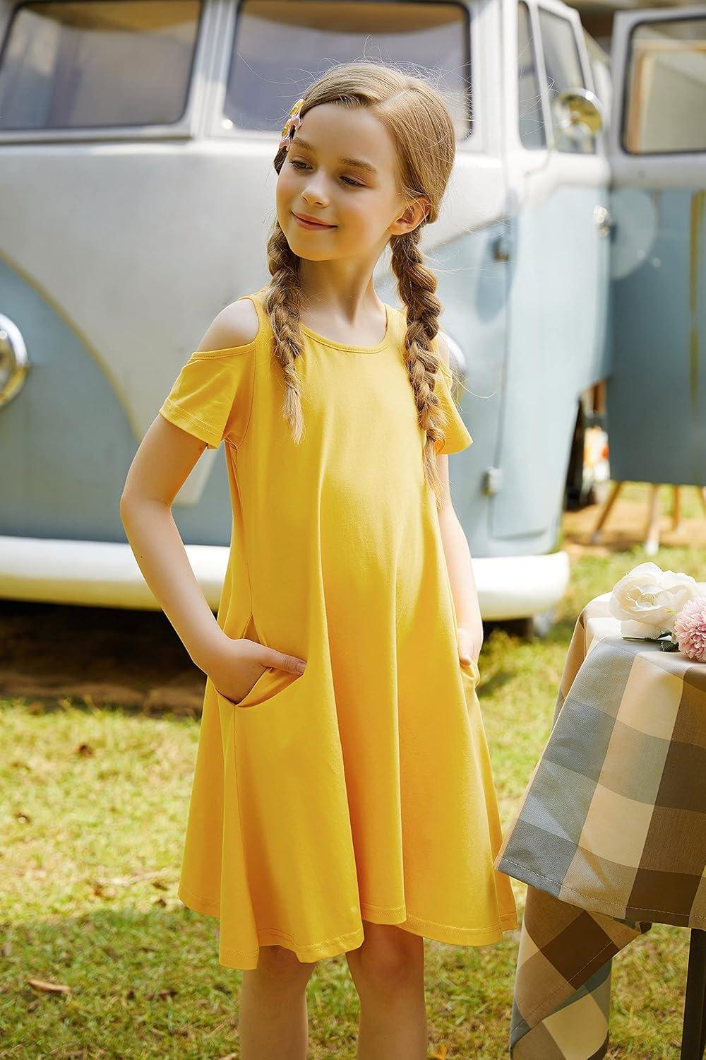 imageArshiner Girls Summer Dress Short Sleeve Cold Shoulder Solid Color Swing Casual Dresses with PocketsYellow