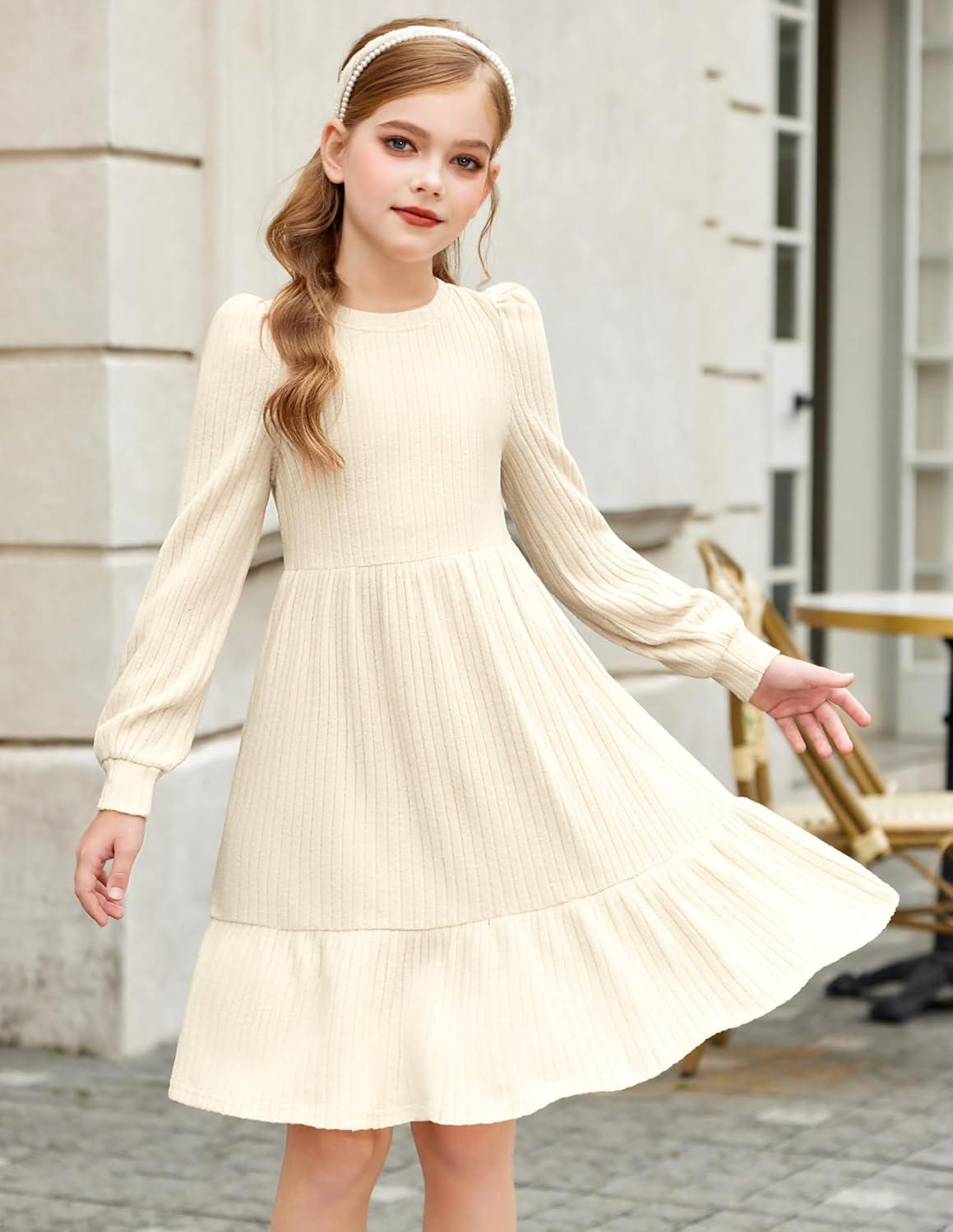 imageArshiner Girls Sweater Dress Fall Winter Puff Long Sleeve Knit Pullover Formal Dresses with Pockets 614YBeige