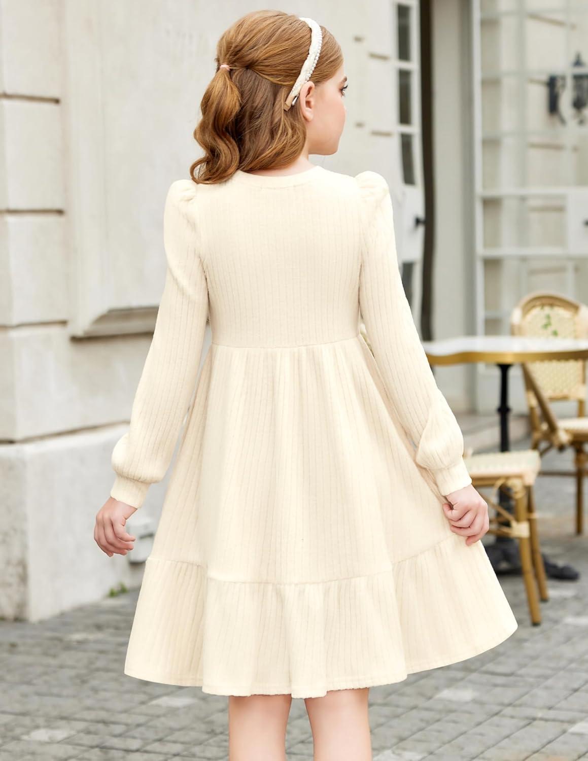 imageArshiner Girls Sweater Dress Fall Winter Puff Long Sleeve Knit Pullover Formal Dresses with Pockets 614YBeige