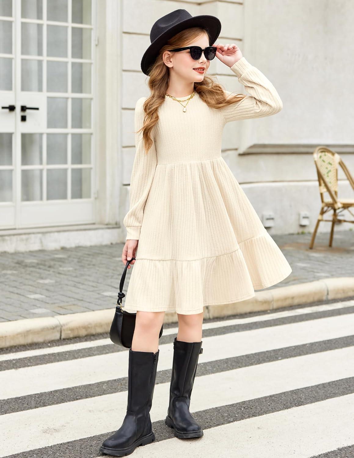 imageArshiner Girls Sweater Dress Fall Winter Puff Long Sleeve Knit Pullover Formal Dresses with Pockets 614YBeige
