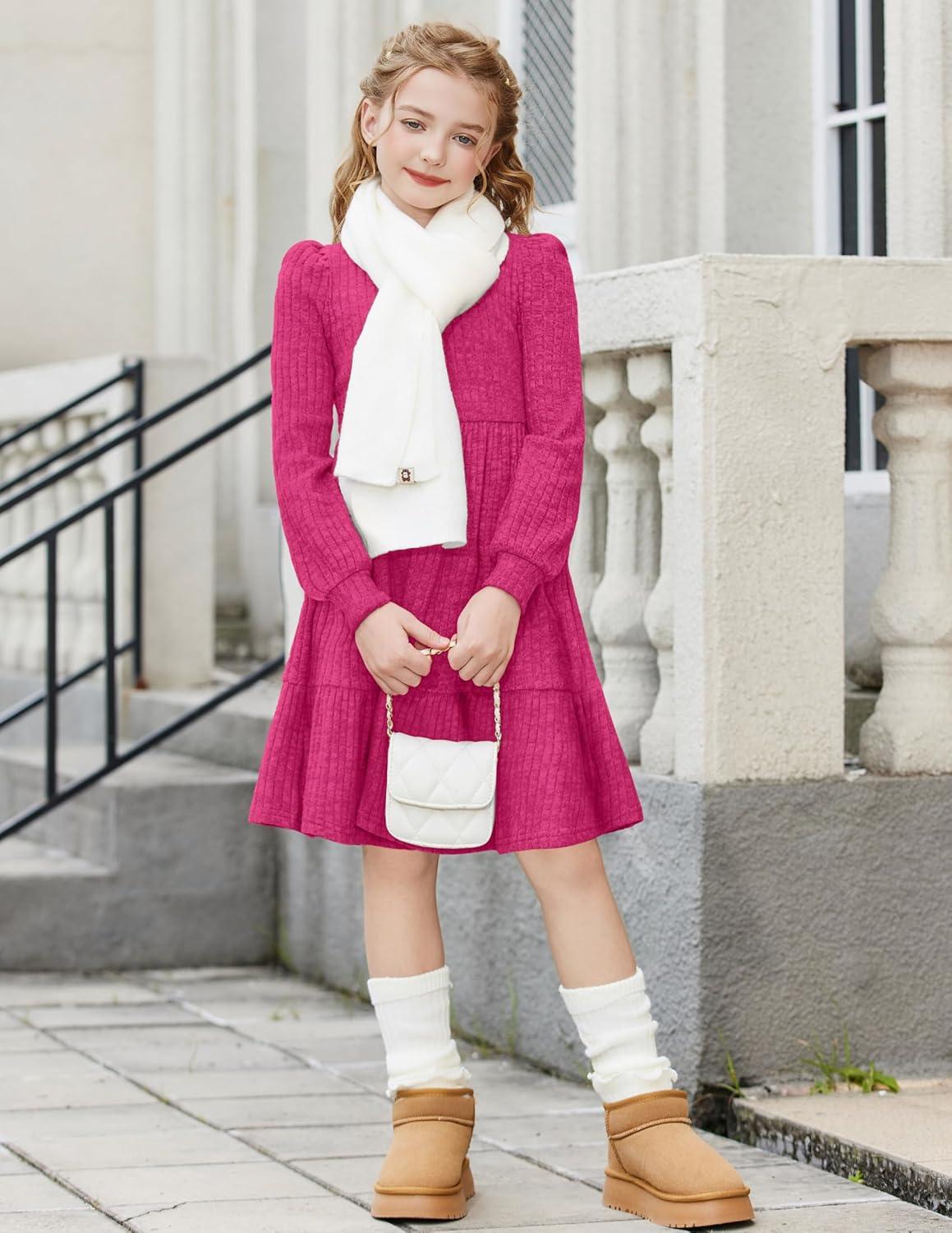 imageArshiner Girls Sweater Dress Fall Winter Puff Long Sleeve Knit Pullover Formal Dresses with Pockets 614YHot Pink