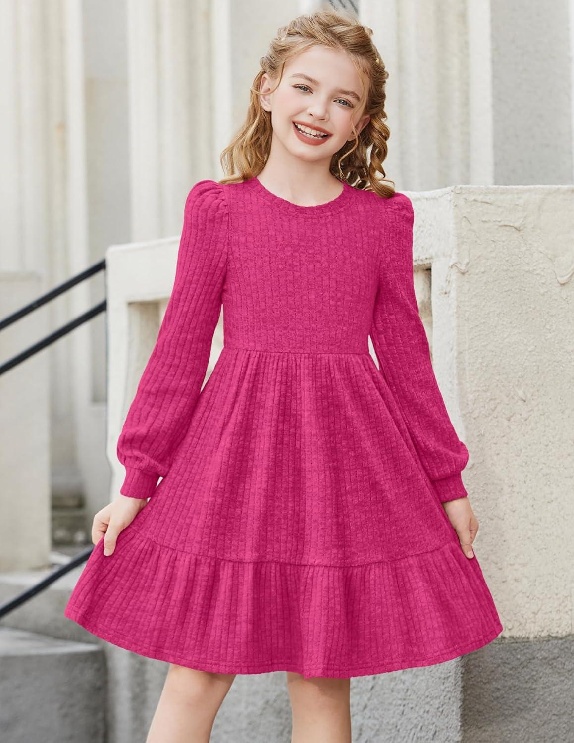imageArshiner Girls Sweater Dress Fall Winter Puff Long Sleeve Knit Pullover Formal Dresses with Pockets 614YHot Pink