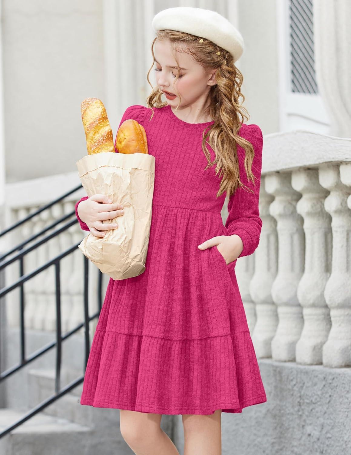imageArshiner Girls Sweater Dress Fall Winter Puff Long Sleeve Knit Pullover Formal Dresses with Pockets 614YHot Pink