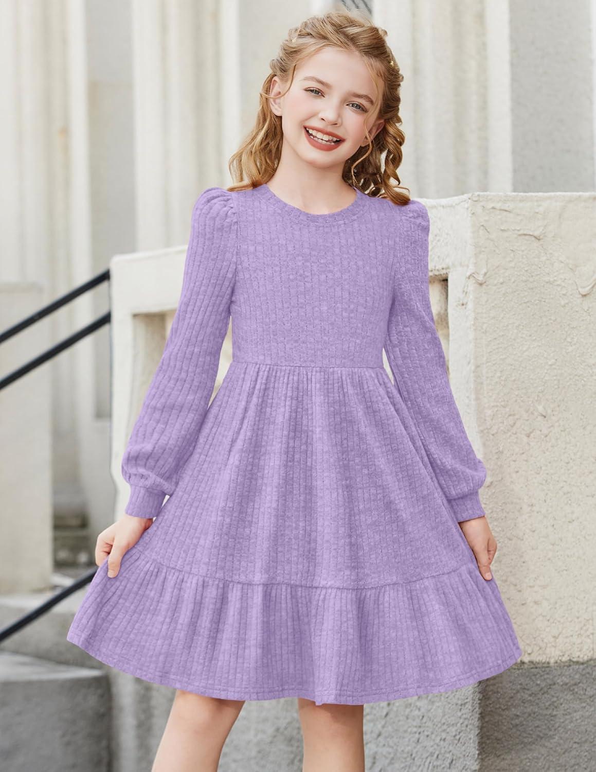 imageArshiner Girls Sweater Dress Fall Winter Puff Long Sleeve Knit Pullover Formal Dresses with Pockets 614YLavender