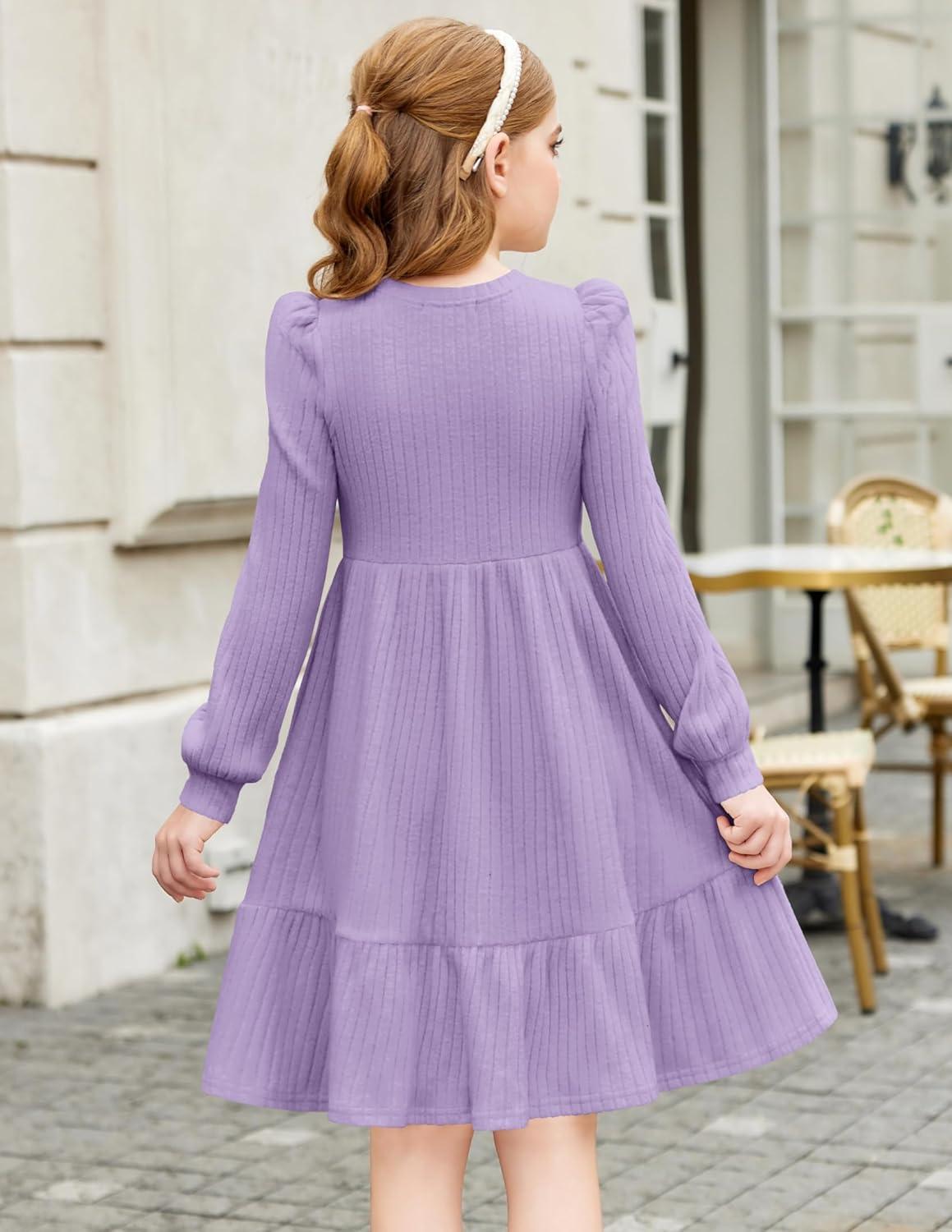 imageArshiner Girls Sweater Dress Fall Winter Puff Long Sleeve Knit Pullover Formal Dresses with Pockets 614YLavender