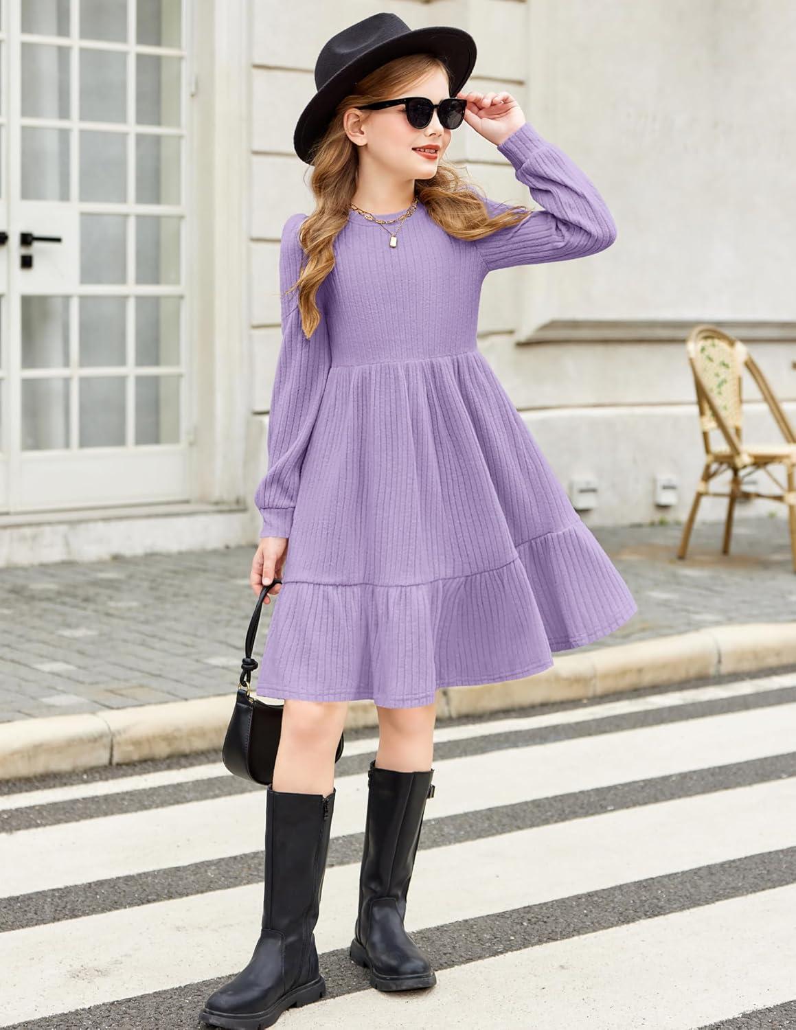 imageArshiner Girls Sweater Dress Fall Winter Puff Long Sleeve Knit Pullover Formal Dresses with Pockets 614YLavender