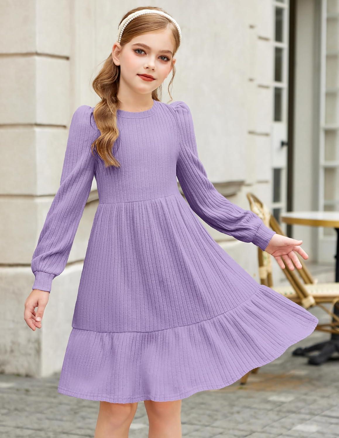 imageArshiner Girls Sweater Dress Fall Winter Puff Long Sleeve Knit Pullover Formal Dresses with Pockets 614YLavender