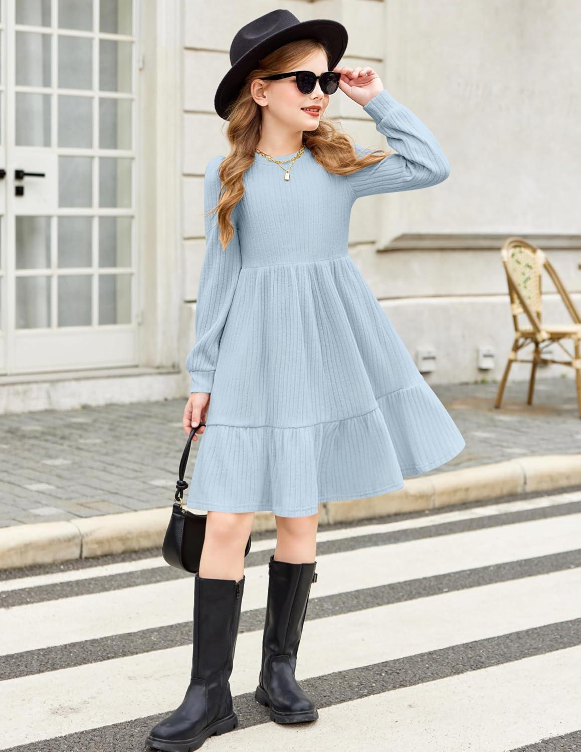 imageArshiner Girls Sweater Dress Fall Winter Puff Long Sleeve Knit Pullover Formal Dresses with Pockets 614YLight Blue