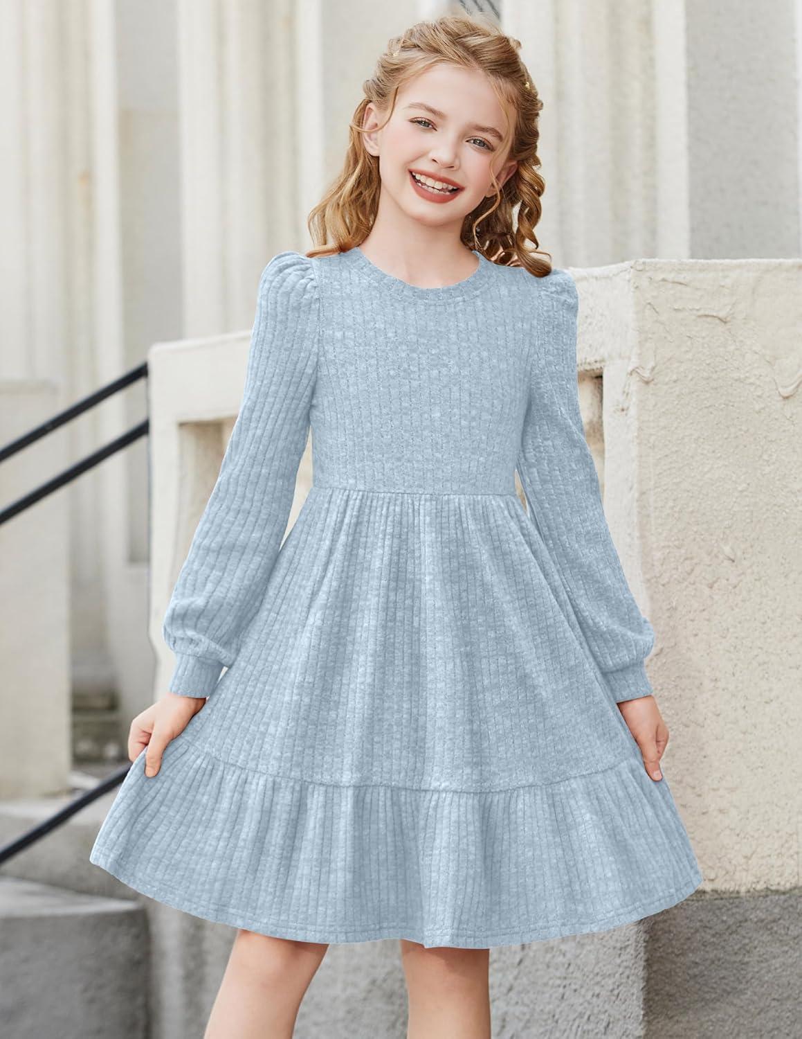 imageArshiner Girls Sweater Dress Fall Winter Puff Long Sleeve Knit Pullover Formal Dresses with Pockets 614YLight Blue