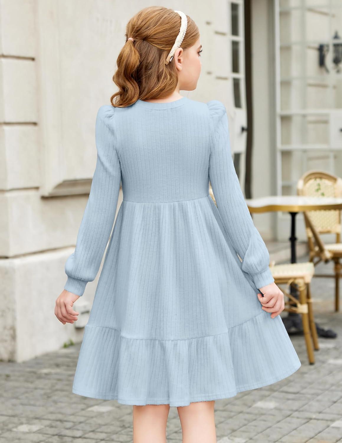 imageArshiner Girls Sweater Dress Fall Winter Puff Long Sleeve Knit Pullover Formal Dresses with Pockets 614YLight Blue