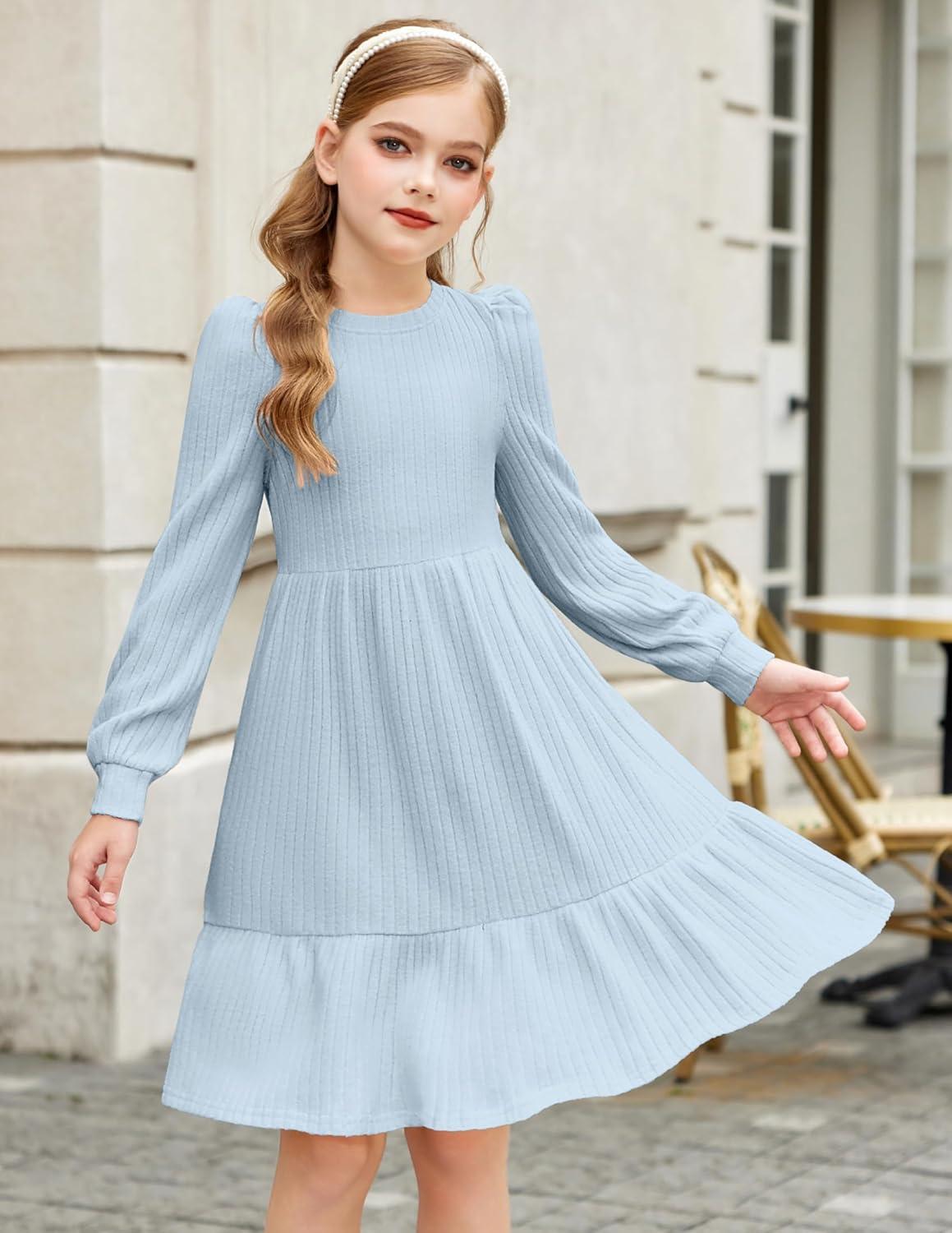 imageArshiner Girls Sweater Dress Fall Winter Puff Long Sleeve Knit Pullover Formal Dresses with Pockets 614YLight Blue
