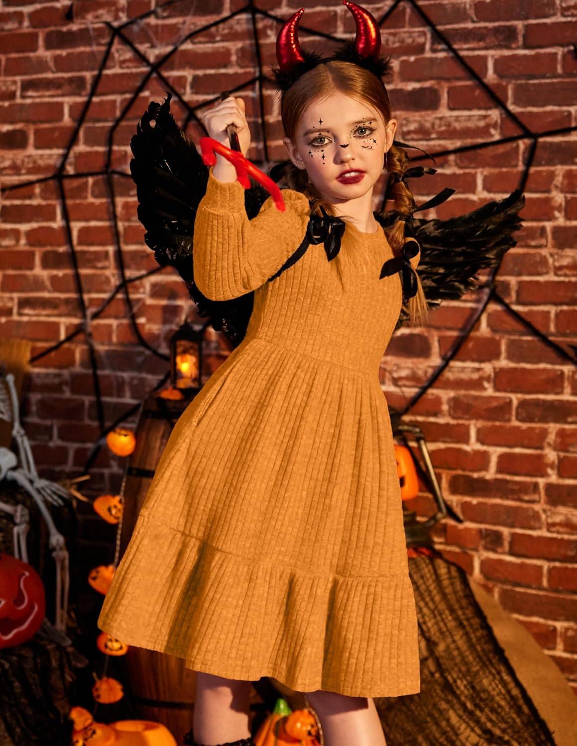 imageArshiner Girls Sweater Dress Fall Winter Puff Long Sleeve Knit Pullover Formal Dresses with Pockets 614YOrange
