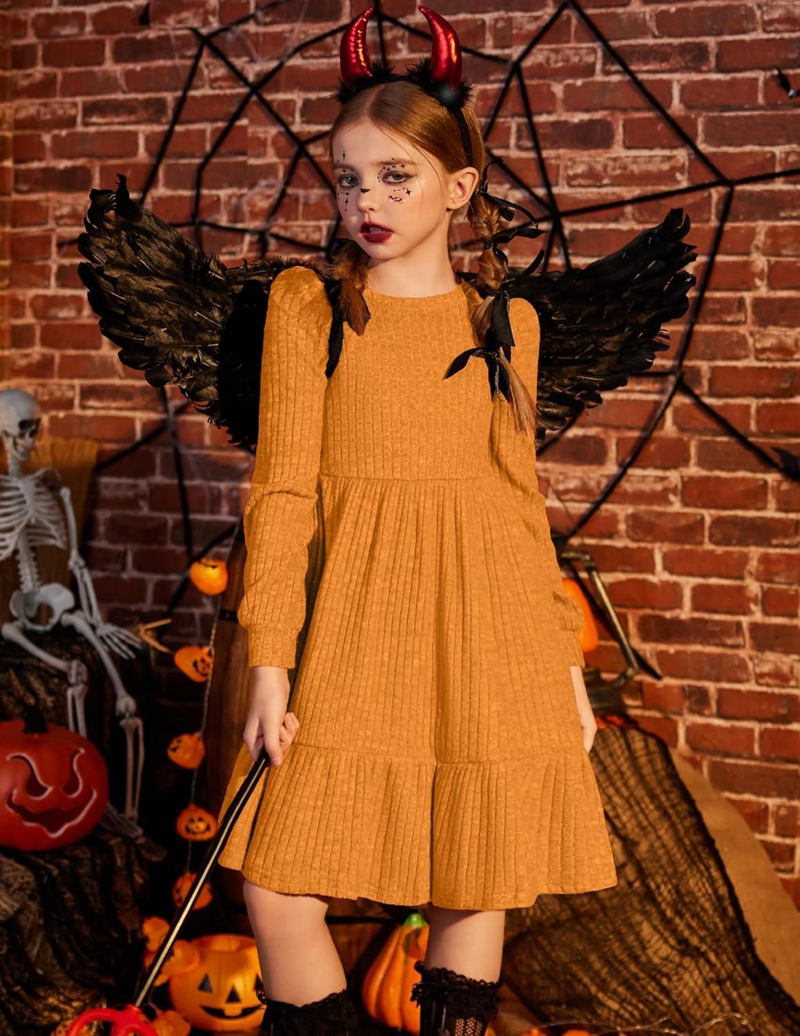 imageArshiner Girls Sweater Dress Fall Winter Puff Long Sleeve Knit Pullover Formal Dresses with Pockets 614YOrange