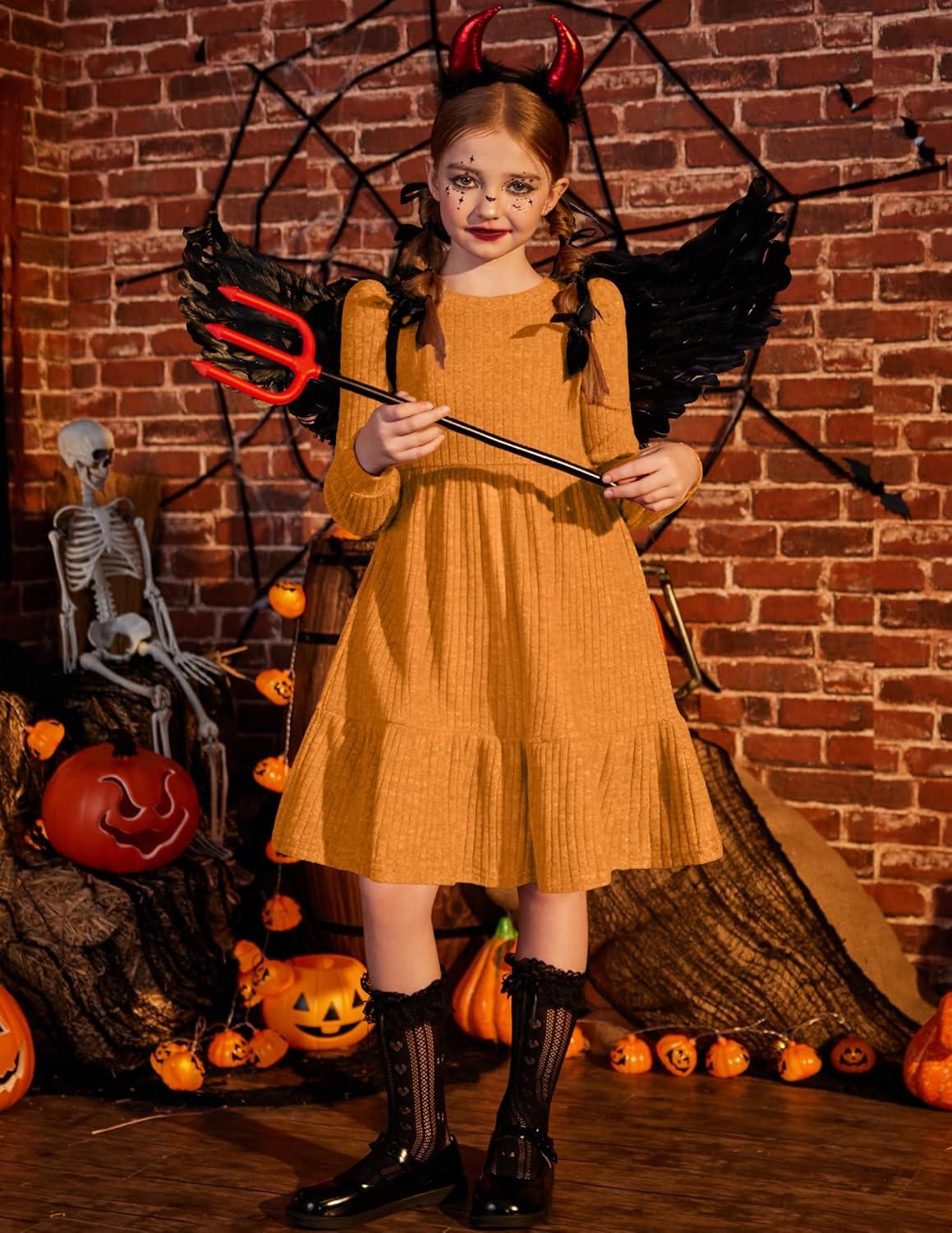 imageArshiner Girls Sweater Dress Fall Winter Puff Long Sleeve Knit Pullover Formal Dresses with Pockets 614YOrange