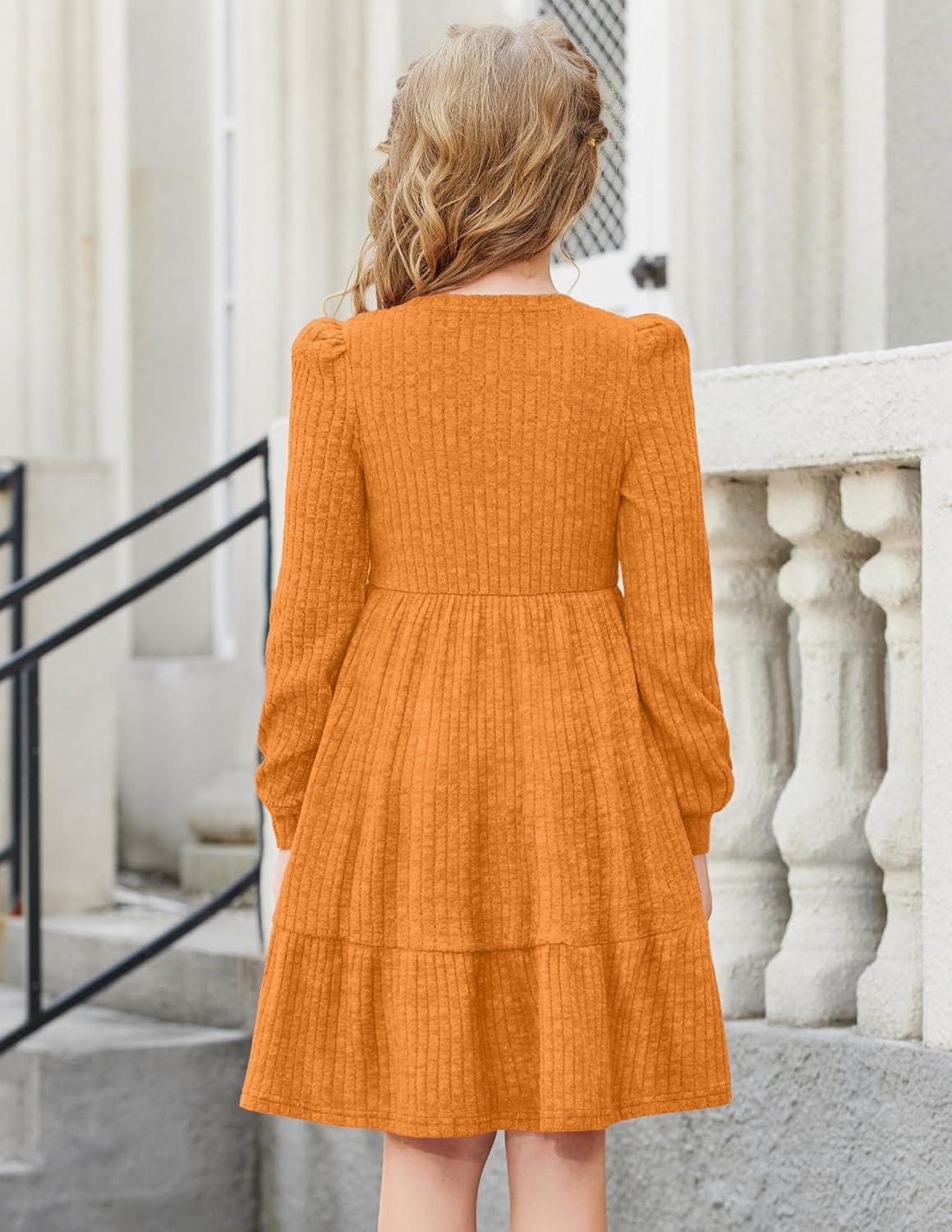 imageArshiner Girls Sweater Dress Fall Winter Puff Long Sleeve Knit Pullover Formal Dresses with Pockets 614YOrange