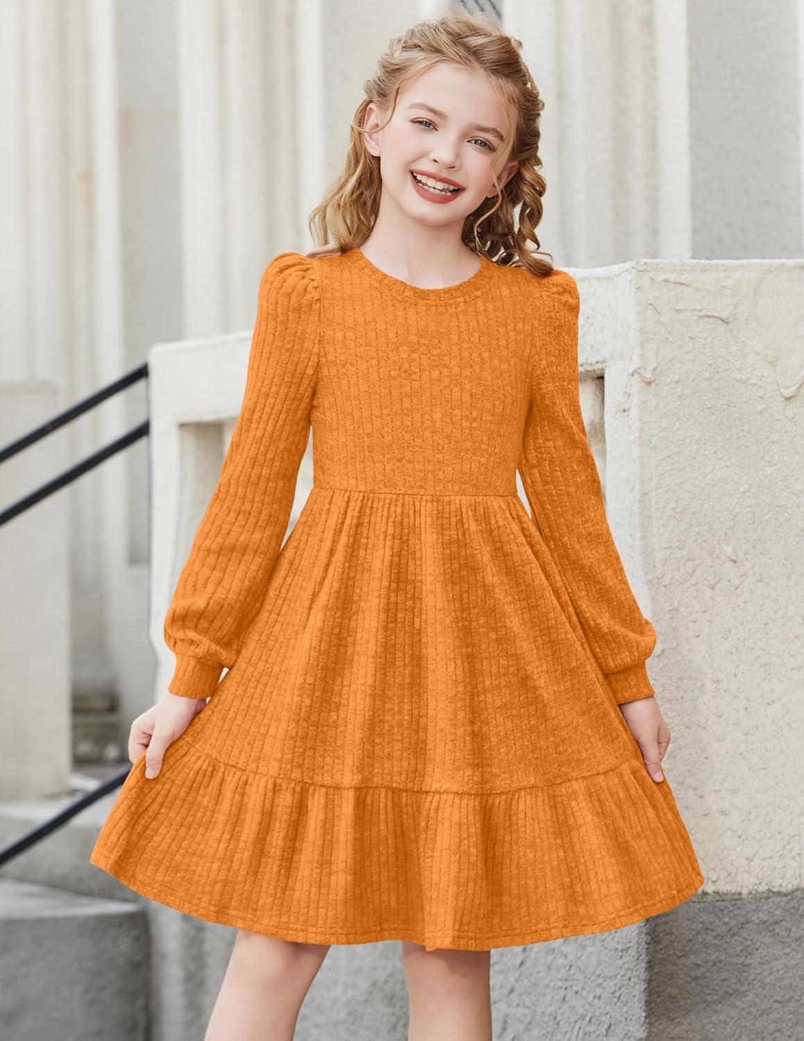 imageArshiner Girls Sweater Dress Fall Winter Puff Long Sleeve Knit Pullover Formal Dresses with Pockets 614YOrange