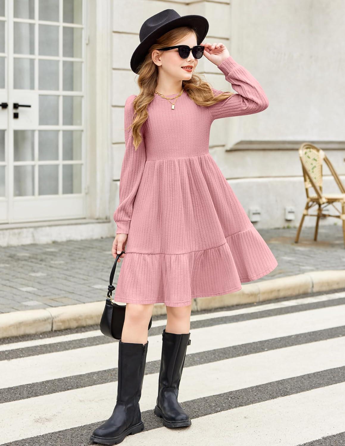 imageArshiner Girls Sweater Dress Fall Winter Puff Long Sleeve Knit Pullover Formal Dresses with Pockets 614YPink