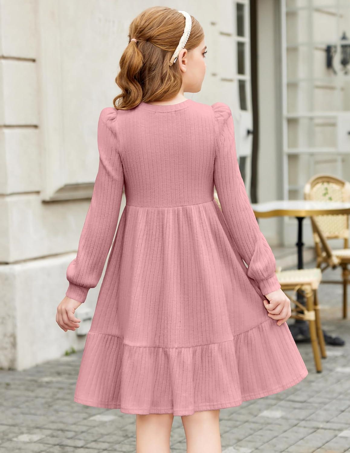 imageArshiner Girls Sweater Dress Fall Winter Puff Long Sleeve Knit Pullover Formal Dresses with Pockets 614YPink