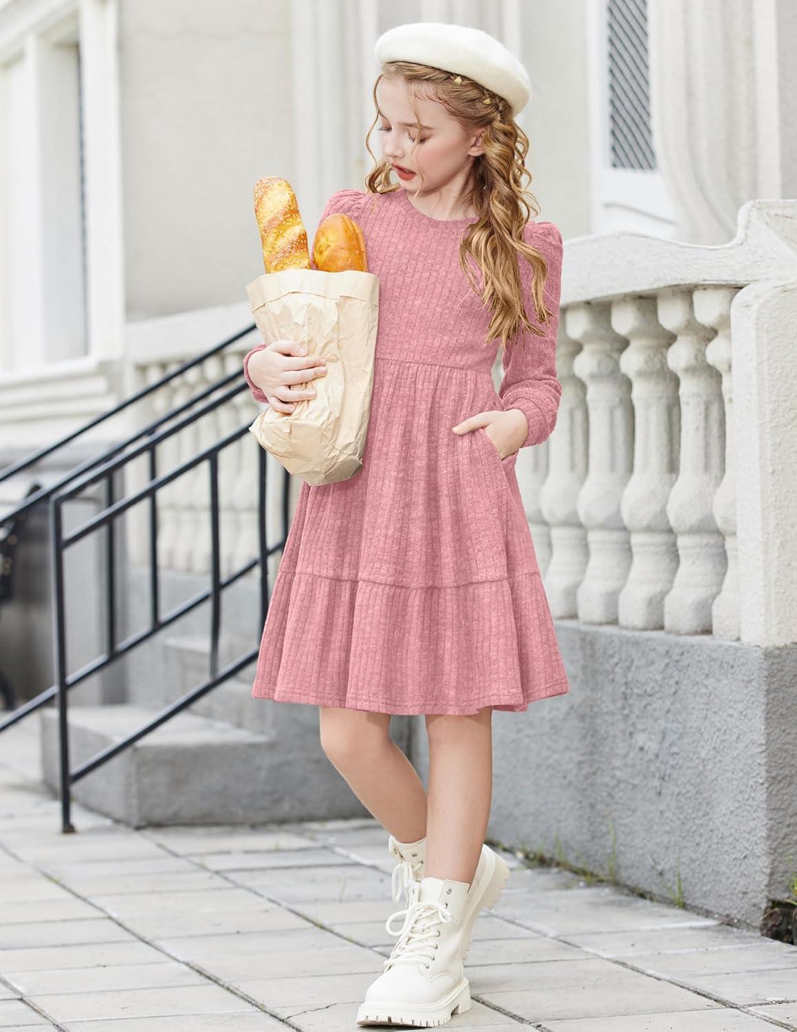 imageArshiner Girls Sweater Dress Fall Winter Puff Long Sleeve Knit Pullover Formal Dresses with Pockets 614YPink