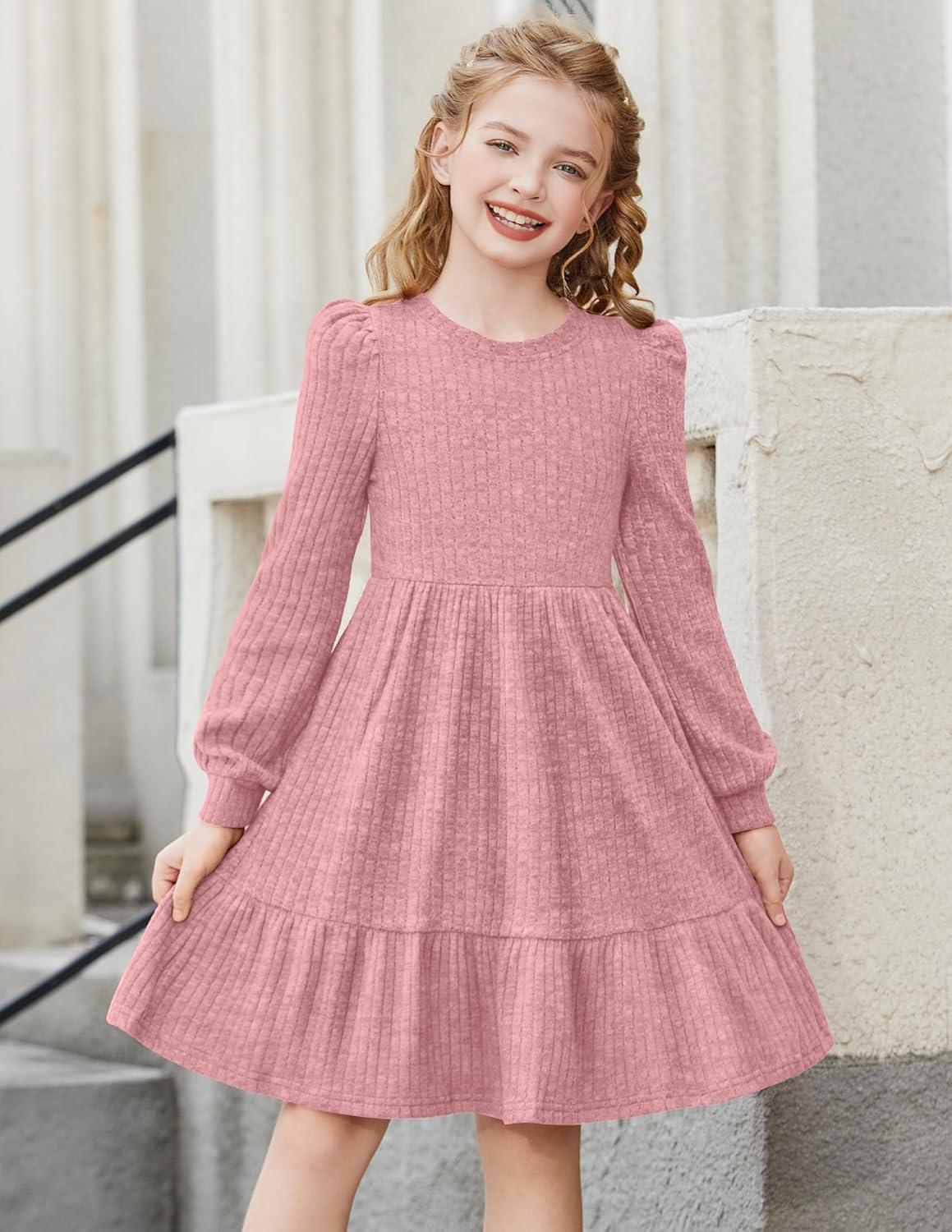 imageArshiner Girls Sweater Dress Fall Winter Puff Long Sleeve Knit Pullover Formal Dresses with Pockets 614YPink