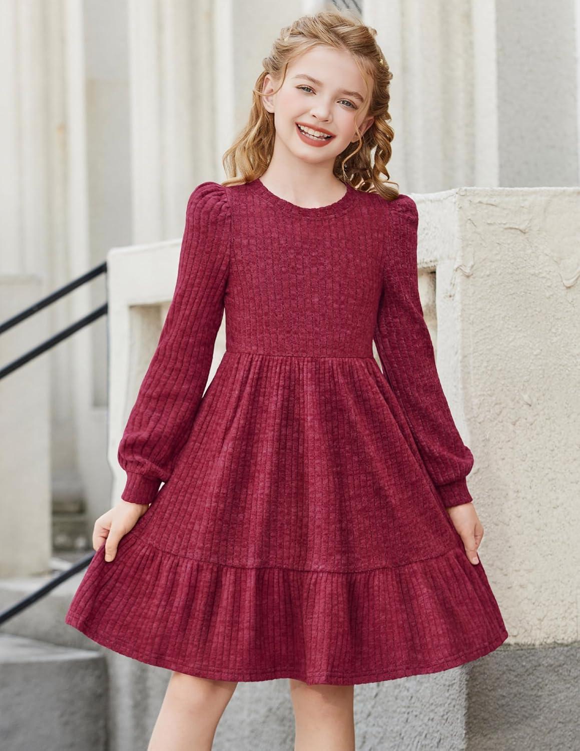 imageArshiner Girls Sweater Dress Fall Winter Puff Long Sleeve Knit Pullover Formal Dresses with Pockets 614YRed