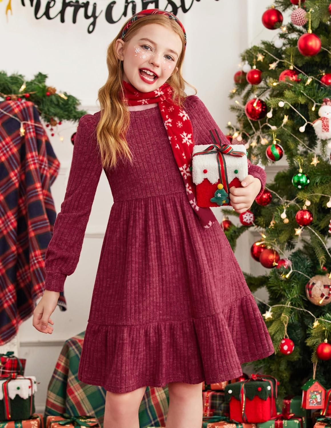 imageArshiner Girls Sweater Dress Fall Winter Puff Long Sleeve Knit Pullover Formal Dresses with Pockets 614YRed