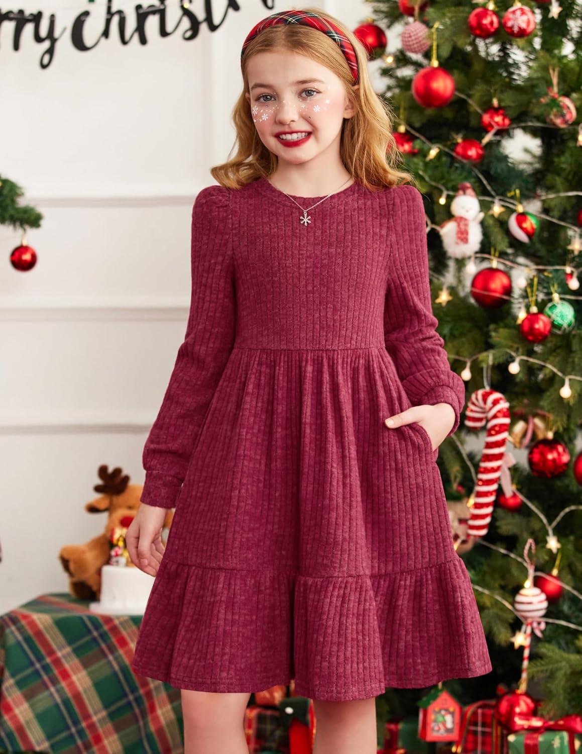 imageArshiner Girls Sweater Dress Fall Winter Puff Long Sleeve Knit Pullover Formal Dresses with Pockets 614YRed
