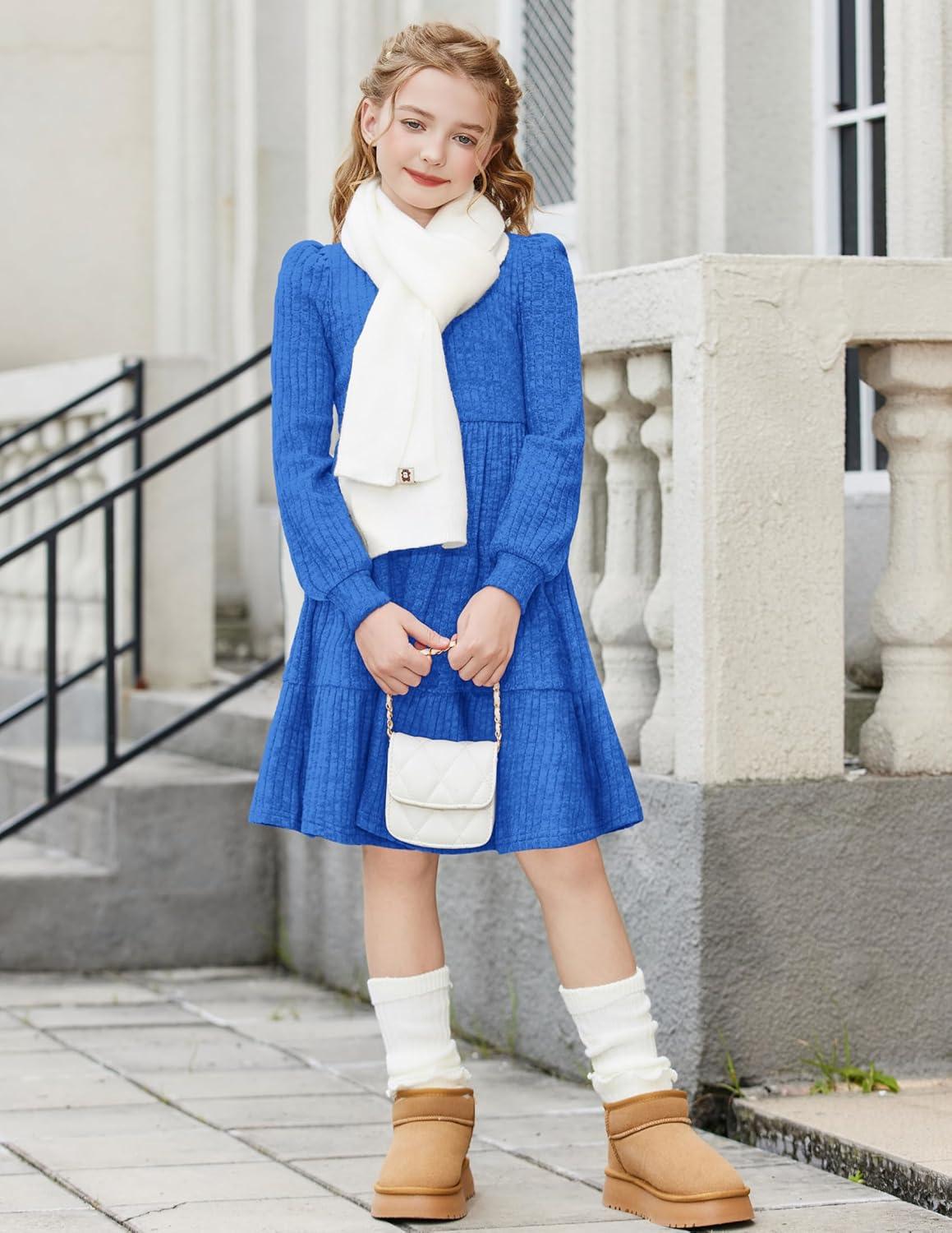 imageArshiner Girls Sweater Dress Fall Winter Puff Long Sleeve Knit Pullover Formal Dresses with Pockets 614YSky Blue