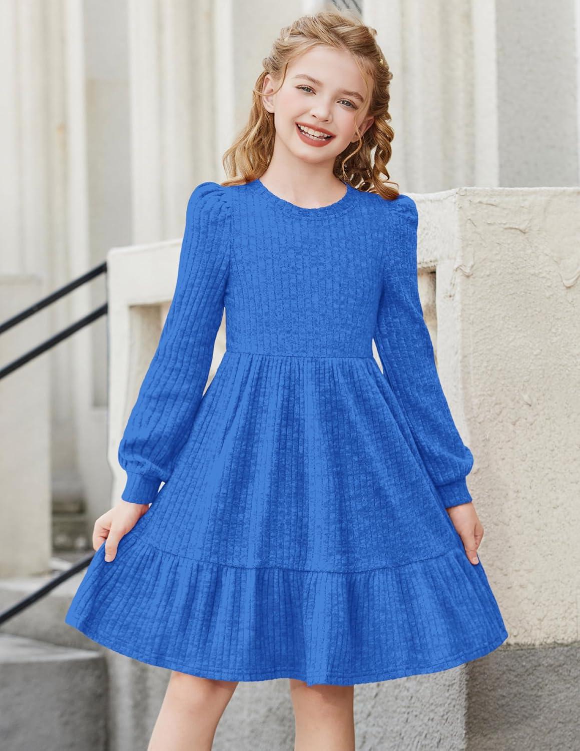 imageArshiner Girls Sweater Dress Fall Winter Puff Long Sleeve Knit Pullover Formal Dresses with Pockets 614YSky Blue
