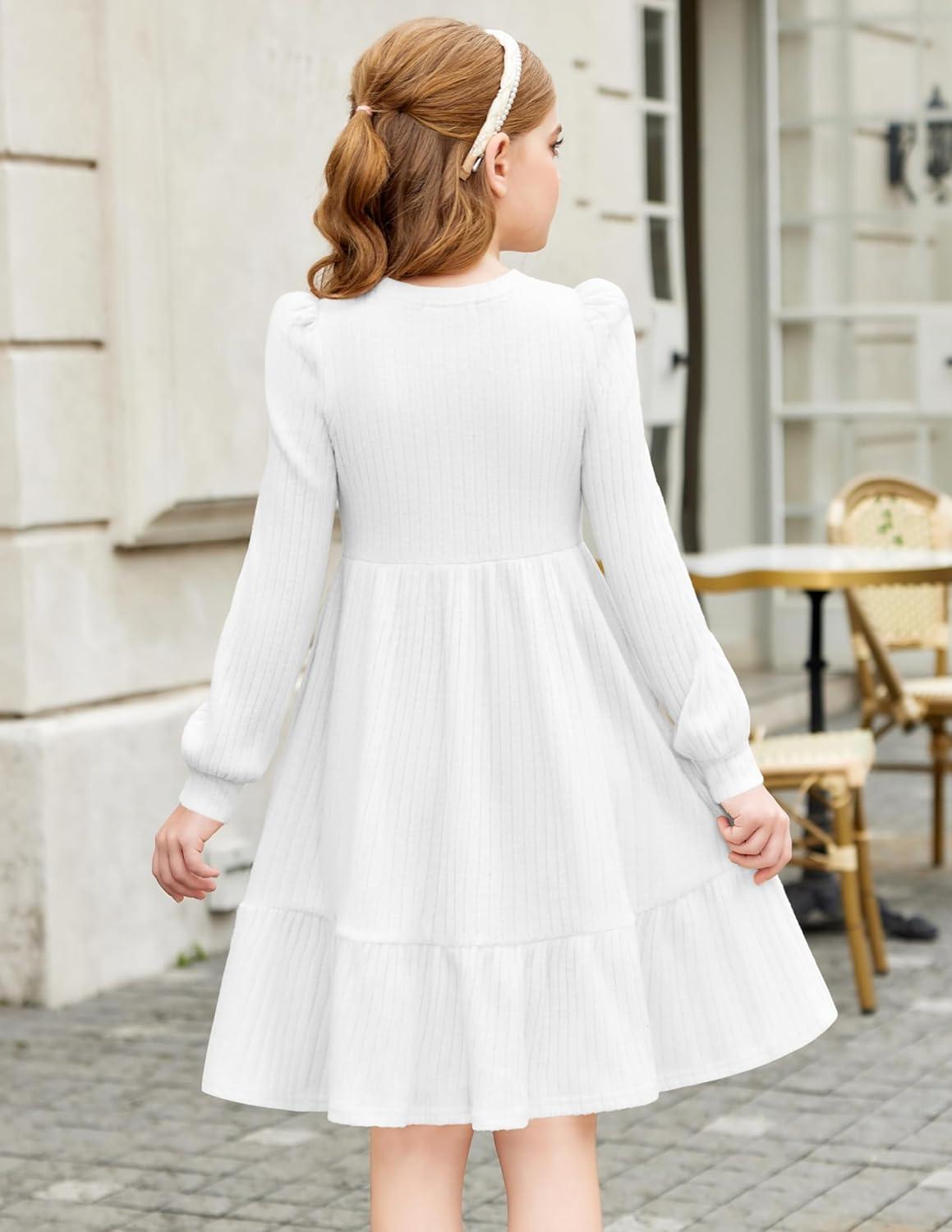 imageArshiner Girls Sweater Dress Fall Winter Puff Long Sleeve Knit Pullover Formal Dresses with Pockets 614YWhite