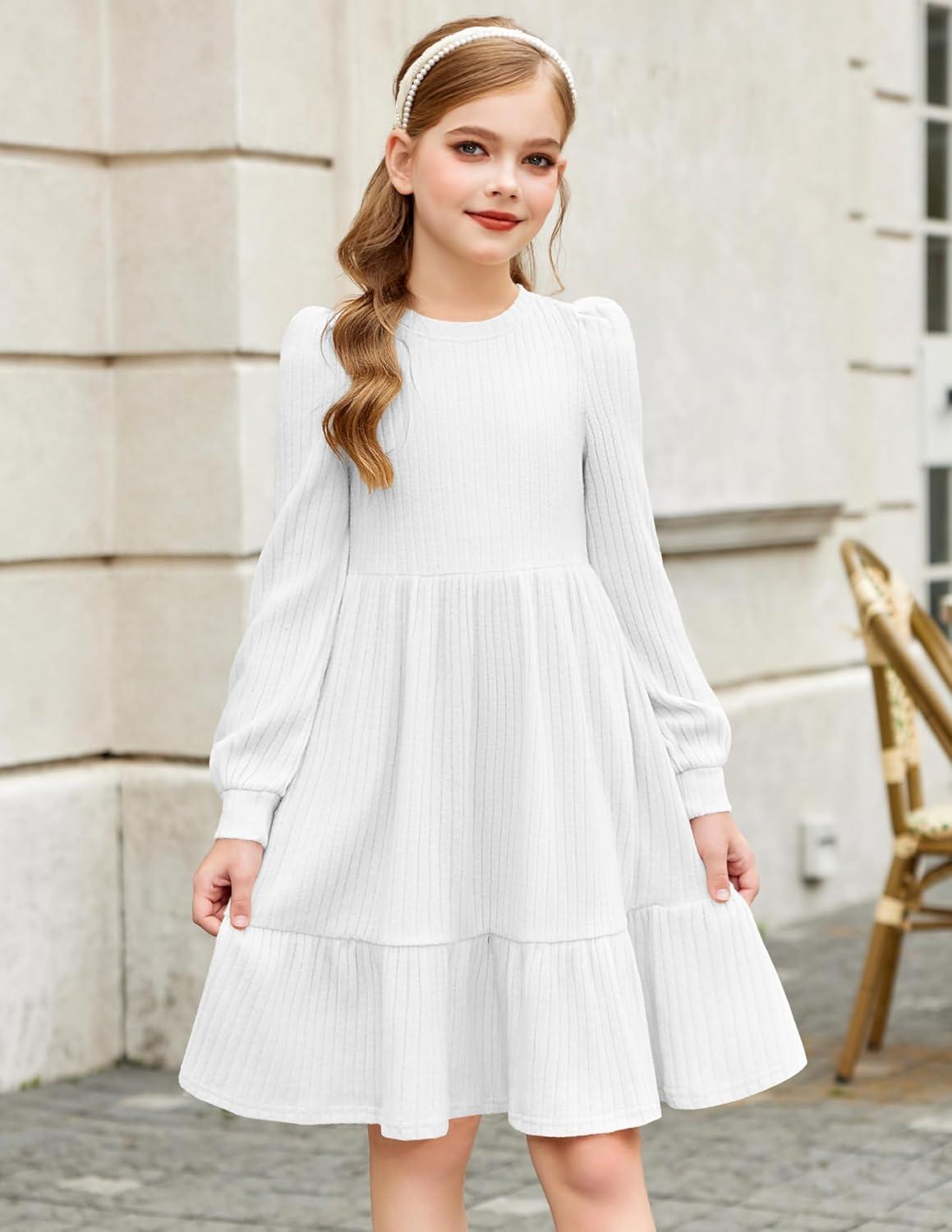 imageArshiner Girls Sweater Dress Fall Winter Puff Long Sleeve Knit Pullover Formal Dresses with Pockets 614YWhite