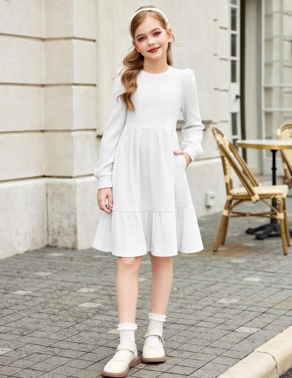 imageArshiner Girls Sweater Dress Fall Winter Puff Long Sleeve Knit Pullover Formal Dresses with Pockets 614YWhite