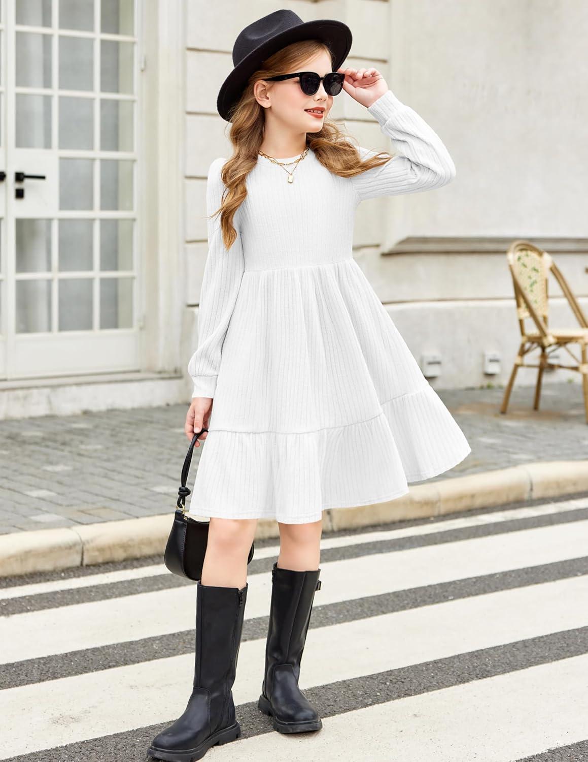imageArshiner Girls Sweater Dress Fall Winter Puff Long Sleeve Knit Pullover Formal Dresses with Pockets 614YWhite