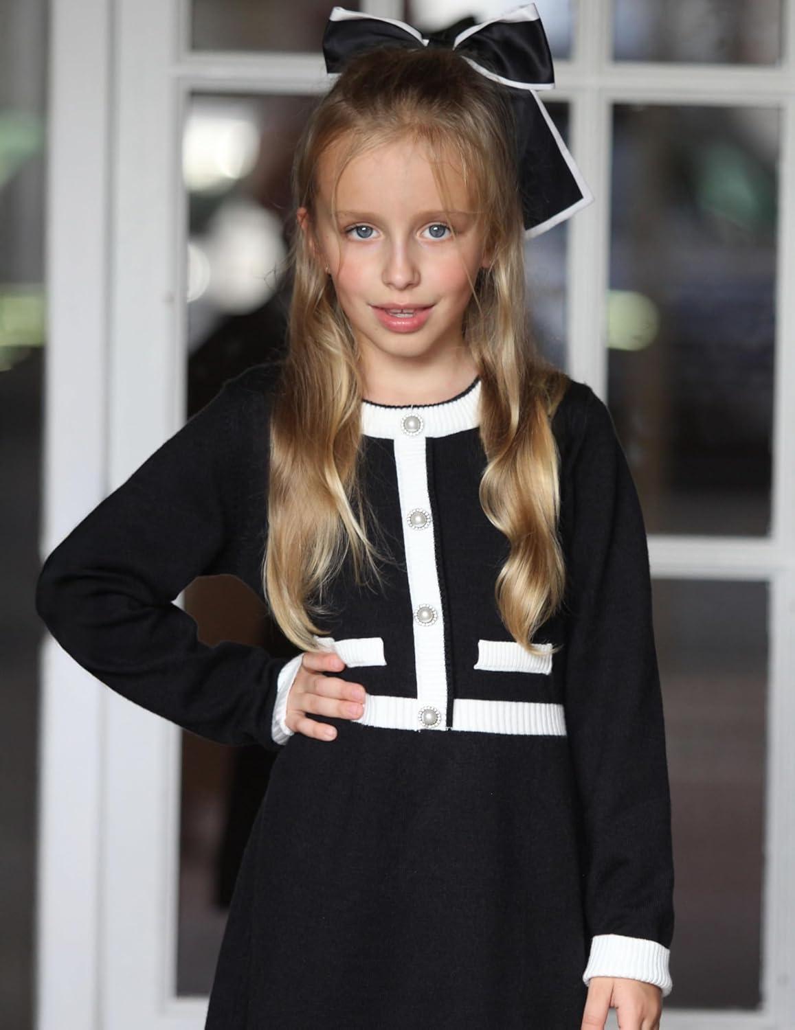 imageArshiner Girls Sweater Dress Long Sleeve Button Knit Fall Winter Pullover Dresses for Kids 512 YearsBlackwhite