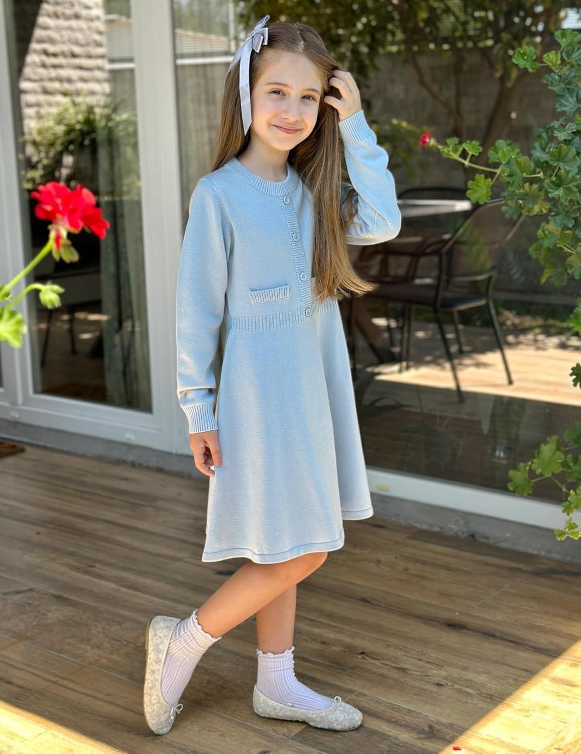 imageArshiner Girls Sweater Dress Long Sleeve Button Knit Fall Winter Pullover Dresses for Kids 512 YearsBlue