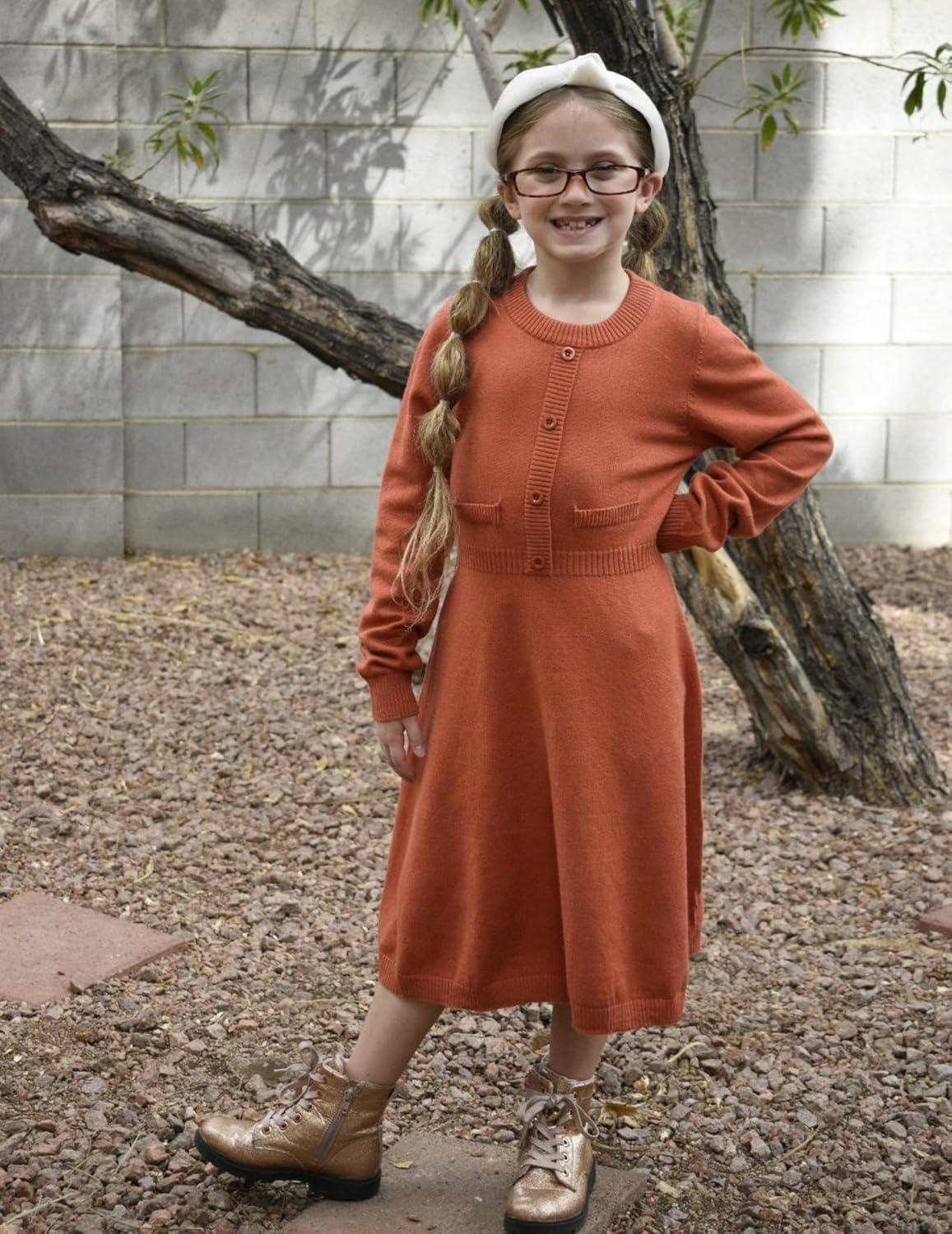imageArshiner Girls Sweater Dress Long Sleeve Button Knit Fall Winter Pullover Dresses for Kids 512 YearsBrown