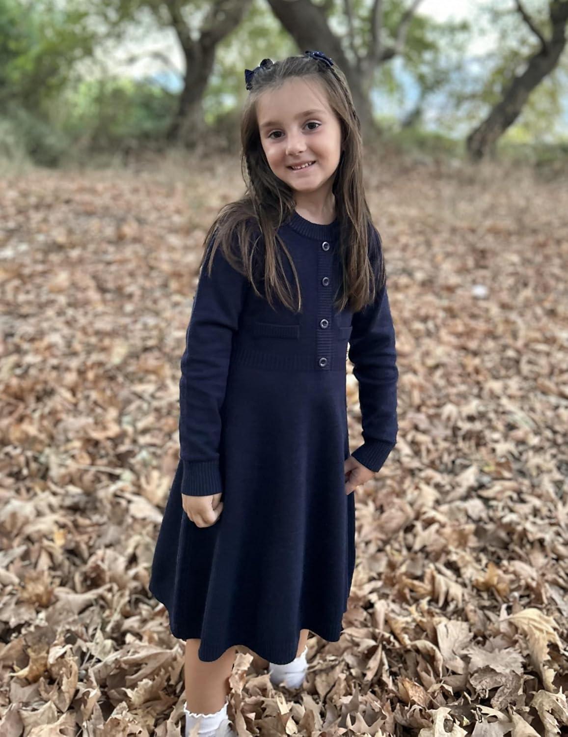 imageArshiner Girls Sweater Dress Long Sleeve Button Knit Fall Winter Pullover Dresses for Kids 512 YearsDark Blue