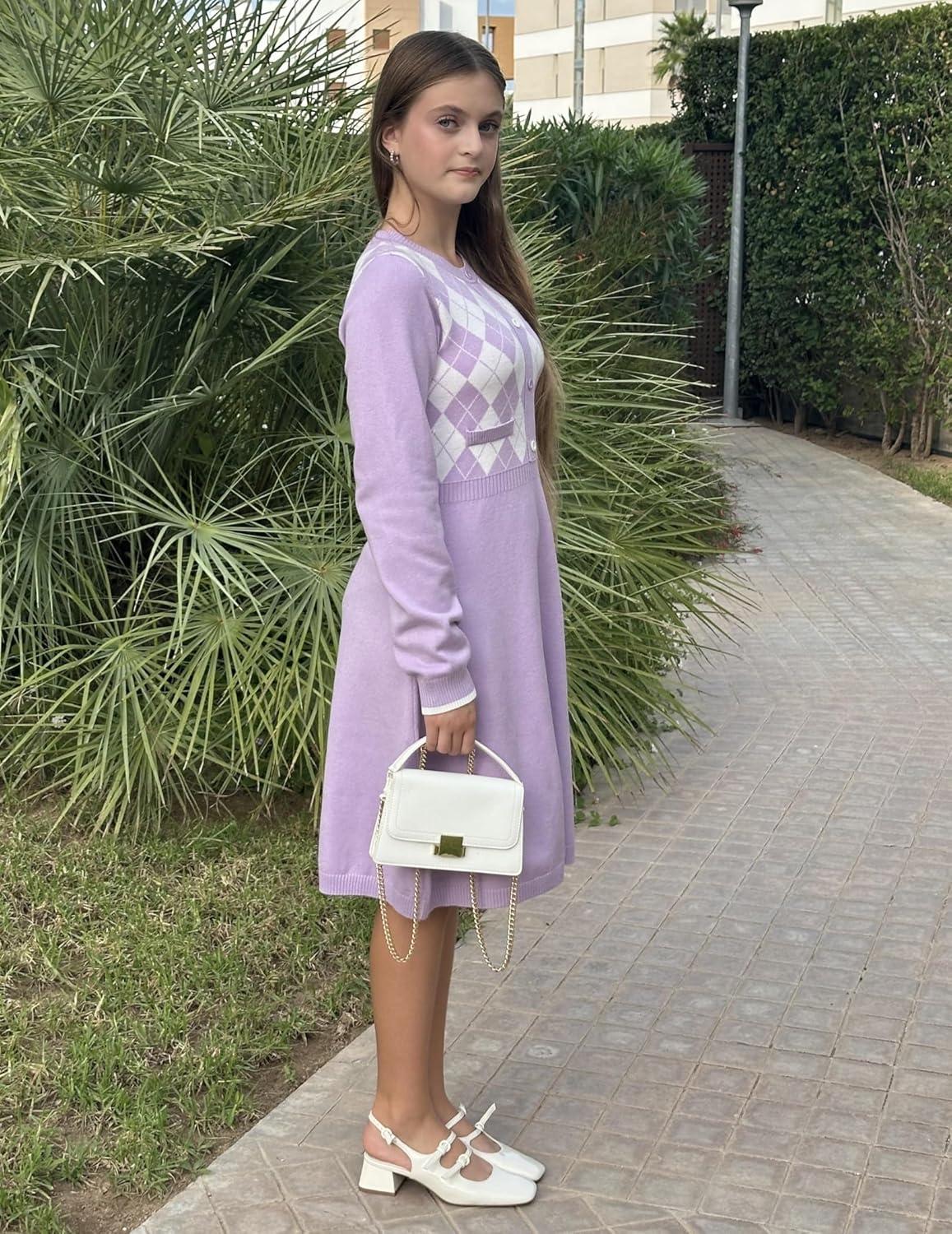imageArshiner Girls Sweater Dress Long Sleeve Button Knit Fall Winter Pullover Dresses for Kids 512 YearsDusty Purple