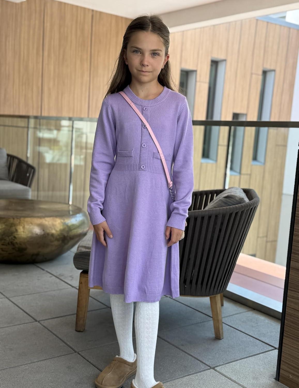 imageArshiner Girls Sweater Dress Long Sleeve Button Knit Fall Winter Pullover Dresses for Kids 512 YearsLavender