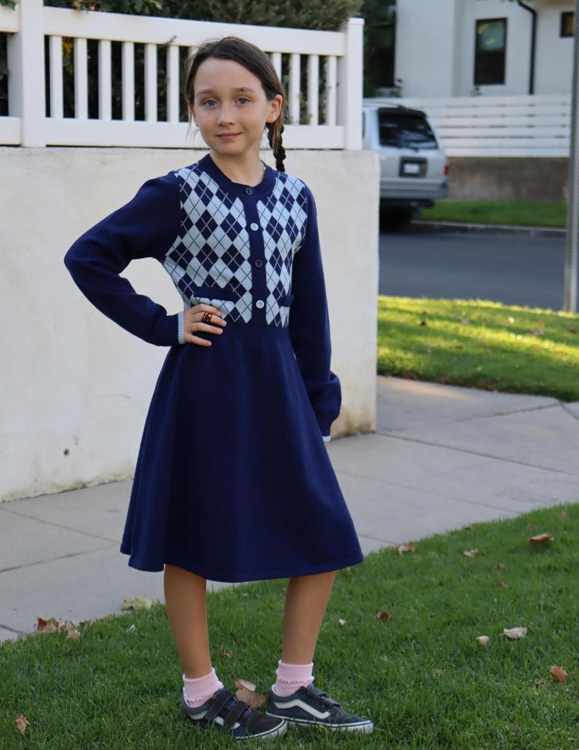 imageArshiner Girls Sweater Dress Long Sleeve Button Knit Fall Winter Pullover Dresses for Kids 512 YearsNavy Blue