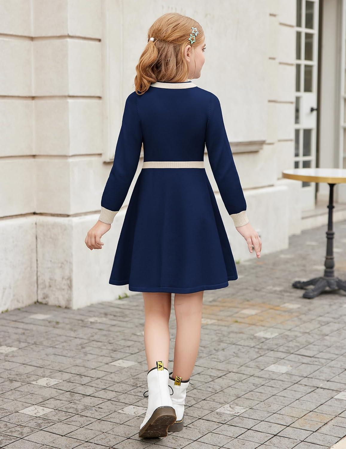 imageArshiner Girls Sweater Dress Long Sleeve Button Knit Fall Winter Pullover Dresses for Kids 512 YearsNavy Bluewhite
